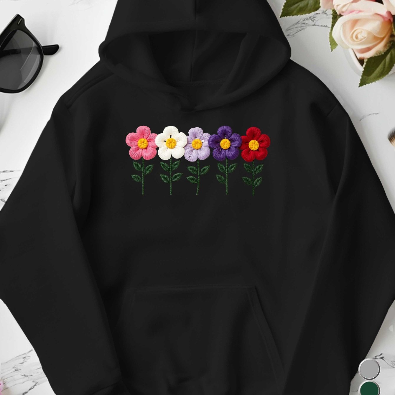 Embroidered Colorful Flowers Row Women'S Plus Size Hoodies
