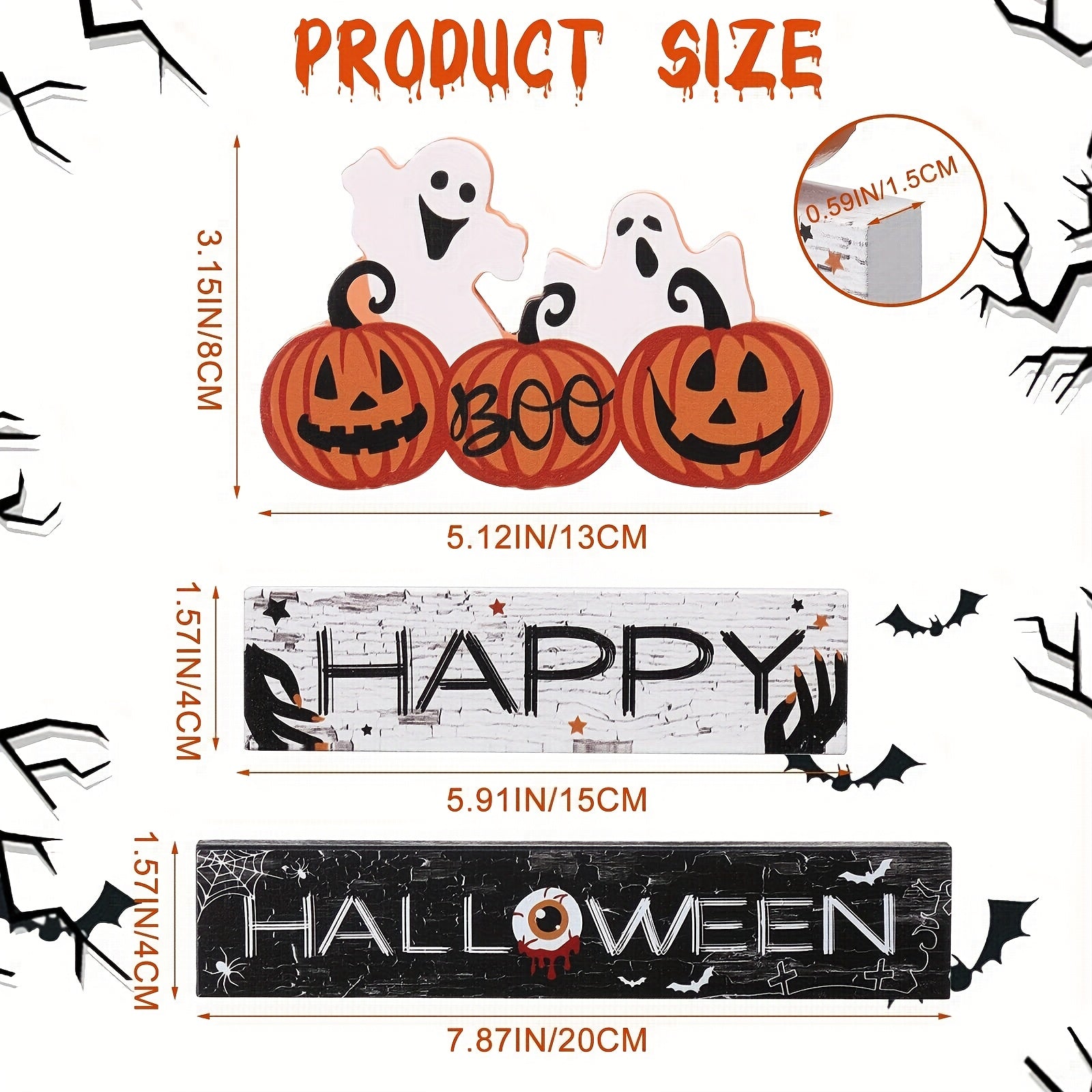 Happy Halloween Wooden Sign Centerpiece Pumpkin Eyeball Table Top Decor Spooky Rustic Freestanding Boo Tier Tray Halloween Decor Rustic Wood Block Plaque for Home Fireplace