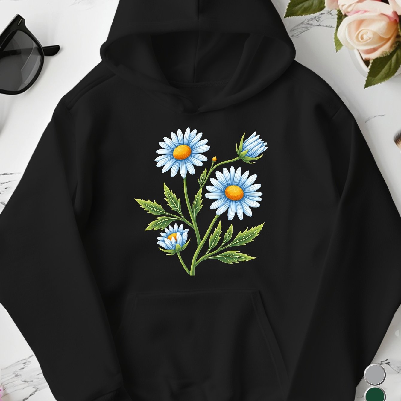 Blue Daisies Botanical Embroidered Women'S Plus Size Hoodies