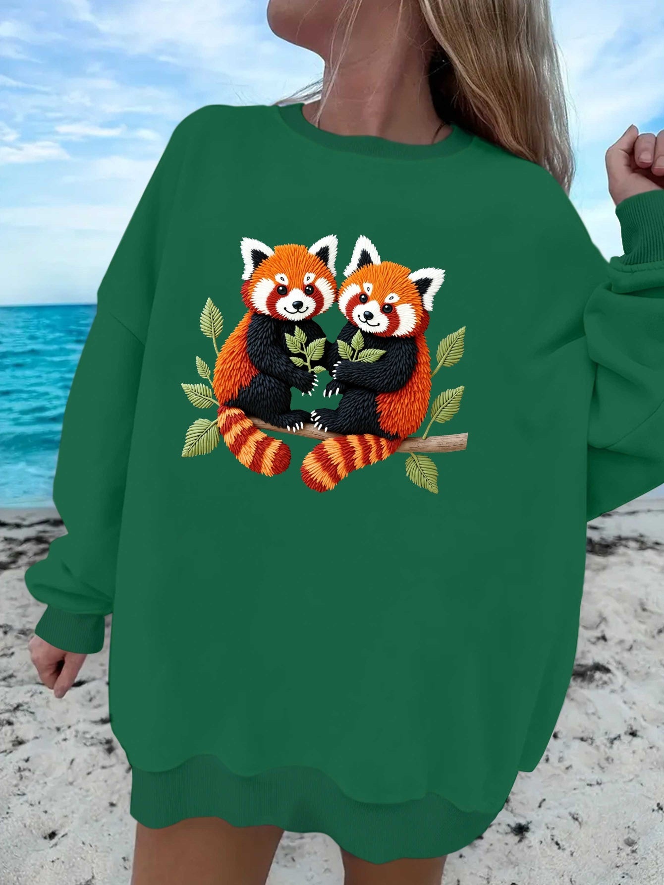 teediy Women's Embroidered Red Pandas on Branch Sweatshirt - Black Casual Long Sleeve Round Neck Pullover, Machine Washable Regular Fit Autumn Winter Cozy Top, Panda Clothes, Winter Clothing, Autumn Apparel, Playful Design, D
