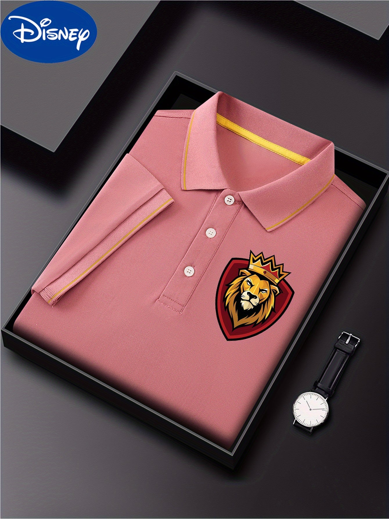 Disney Men's Classic Shirt with Simba Lion King Print - Lightweight Quick-Dry Breathable Polyester, Short Sleeve Collar, Premium Casual Business Casual Style, Vibrant Green with Red Shield Emblem & Golden Crown - Summer Casua