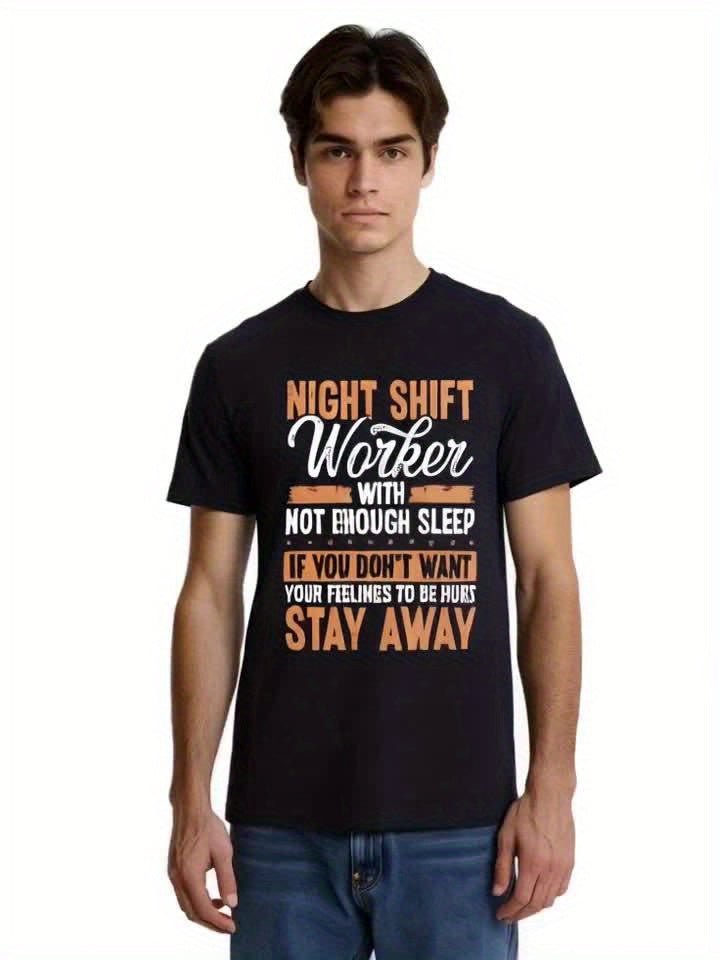 Night Shift Worker Graphic Tee, 100% Cotton Casual Crew Neck T-Shirt, Regular Fit, Adult Men'S Humorous Overnight Factory Worker Print Top, Knit Fabric, Summer Season, for Training & Outdoor Activities