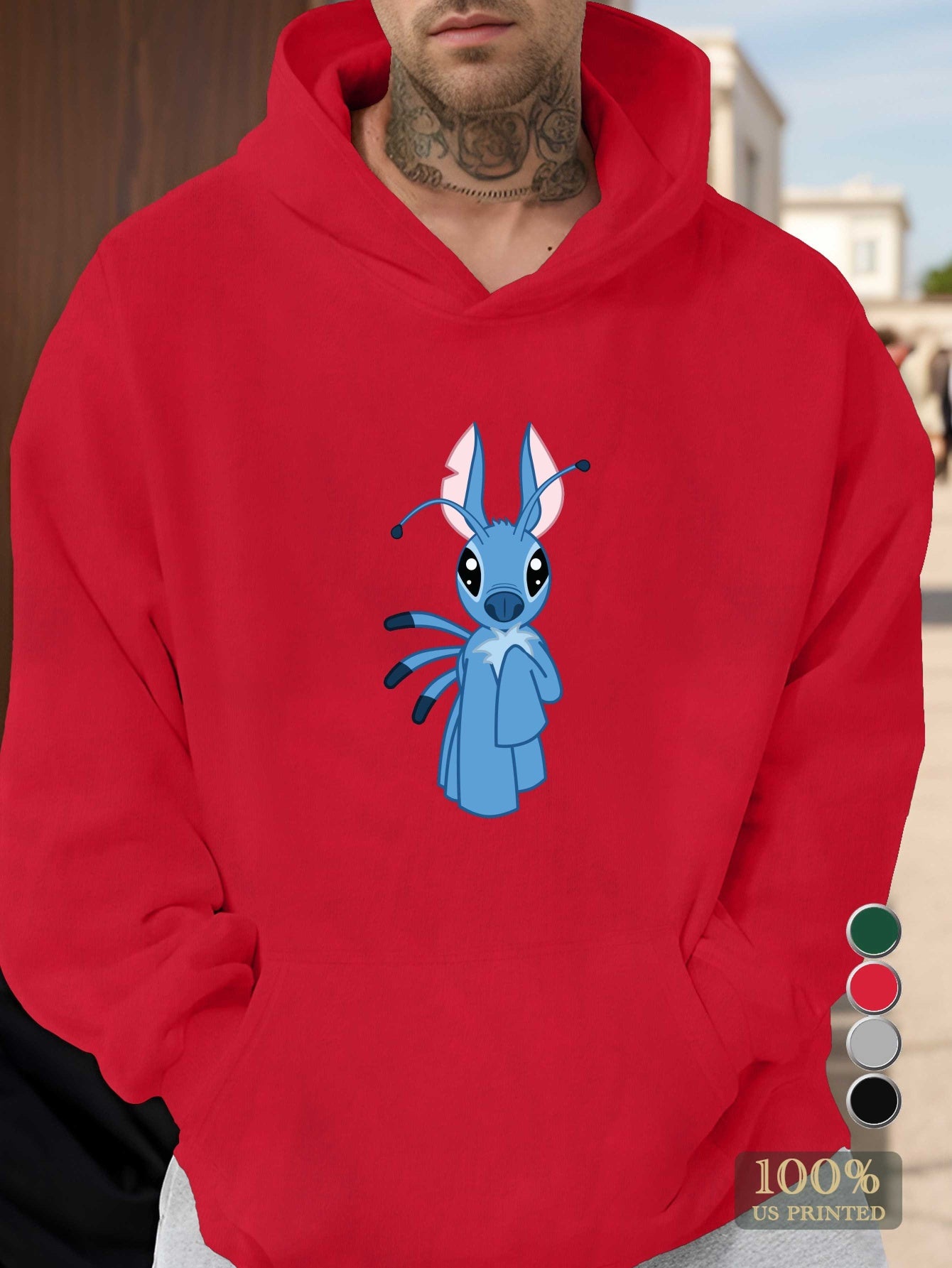 Disney Stitch Men's Graphic Hoodie - Vibrant Green Relaxed Fit Pullover with Front Pocket, 100% US Printed Casual Sweatshirt for Autumn/Winter, Autumn Winter Apparel, Autumn Clothing, Streetwear Style, Cozy Fabric, Streetwear