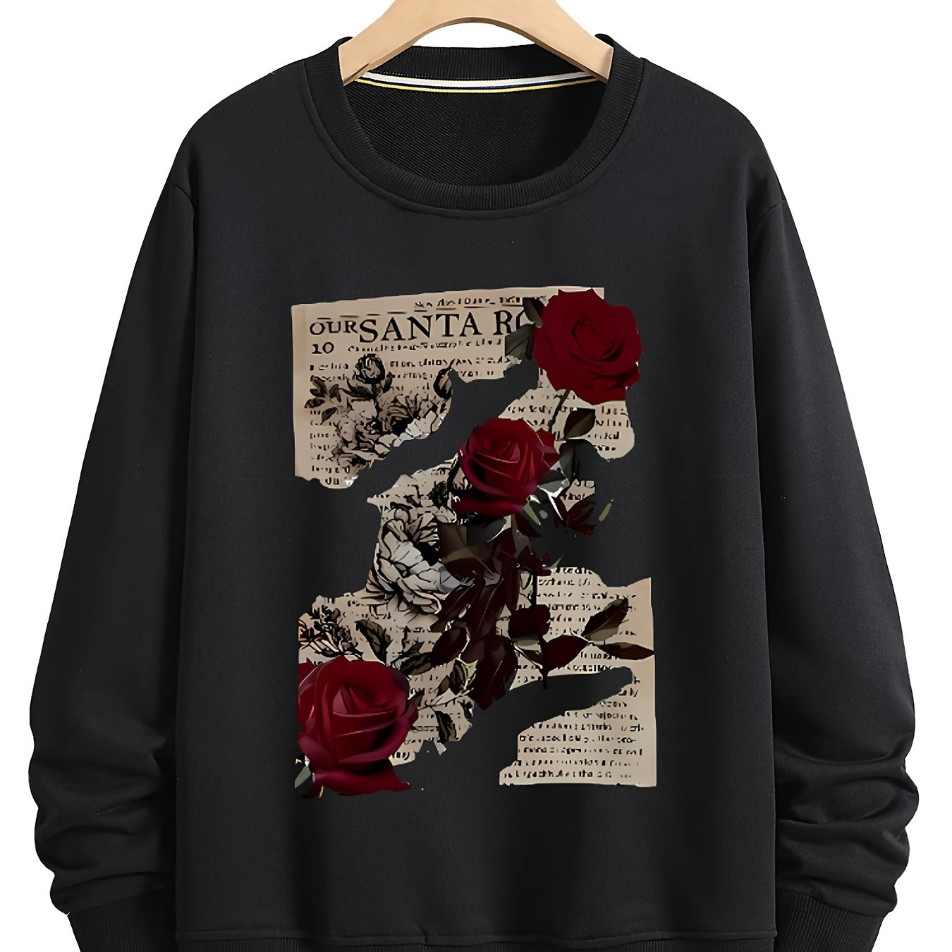 Rose shredded paper Round neck printed hoodie, spring and autumn micro elastic long sleeved, patterned casual hoodie, street style, sports style, retro style top
