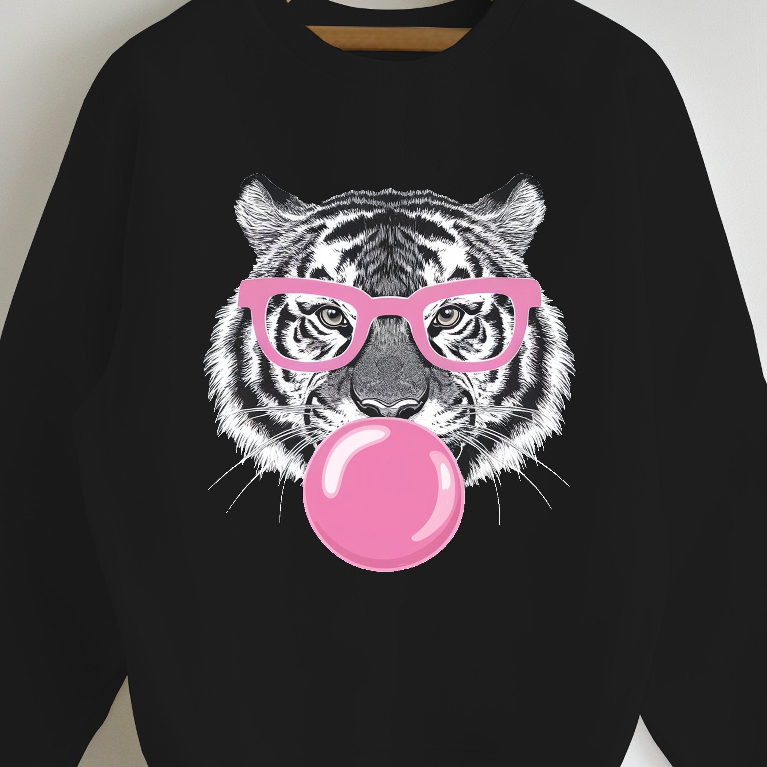 Women's Cozy Green Tiger Bubblegum Graphic Sweatshirt - Casual Crew Neck, Long Sleeve, 100% Polyester Pullover, Machine Washable - Perfect for Fall/Winter