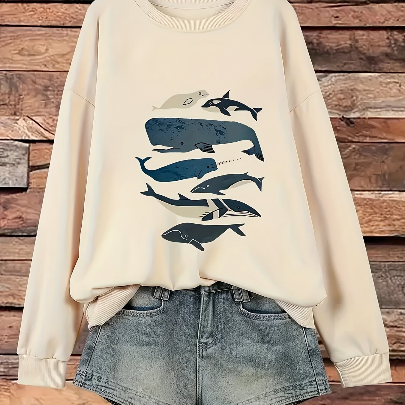 Women's Casual Whale Print Crew Neck Sweatshirt - Black with Blue & White Whale Design, Long Sleeve, Machine Washable, All-Season Comfort