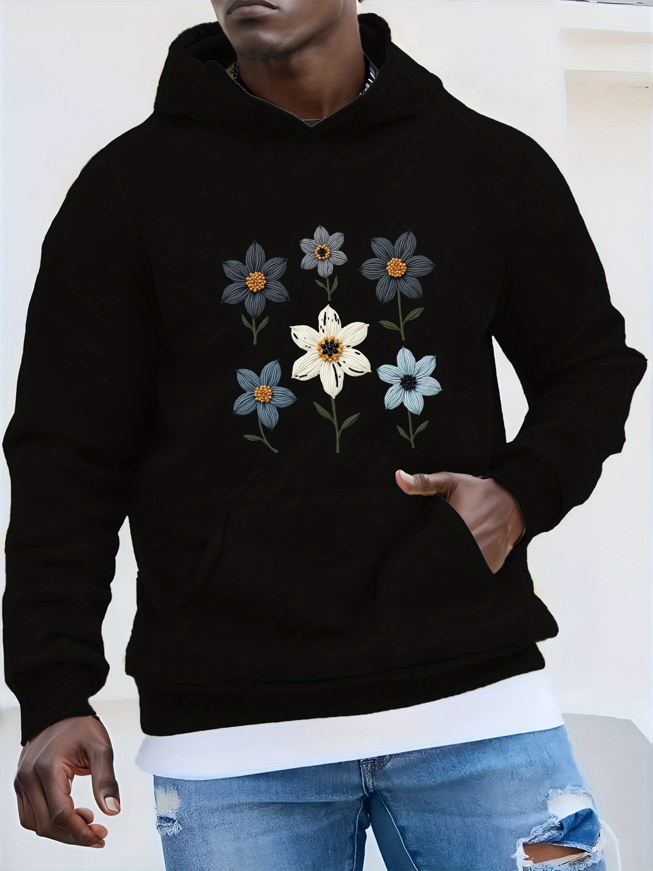 Men's Casual Hoodie with Embroidered Floral Design, Beaded Accents & Geometric Pattern - Black with Blue & Orange Flowers, Front Pockets, Machine Washable, Autumn/Winter Wear, Essential Hoodie