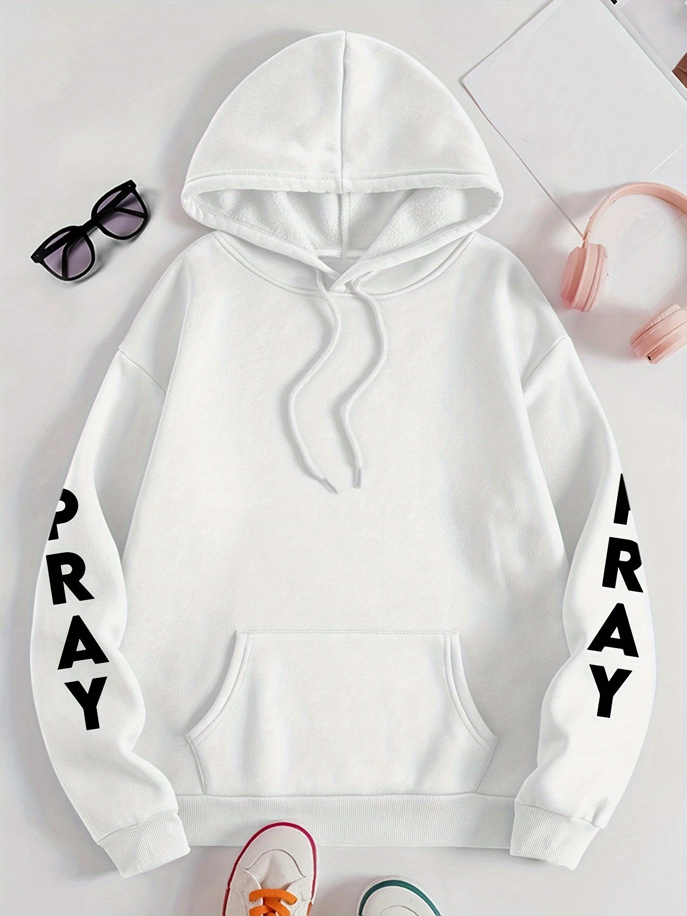 Plus Size PRAY Print Kangaroo Pocket Hoodie - Cozy Casual Long Sleeve Drawstring Sweatshirt with Relaxed Fit for Spring and Fall, Soft and Breathable Fabric, Women's Comfortable Plus Size Clothing