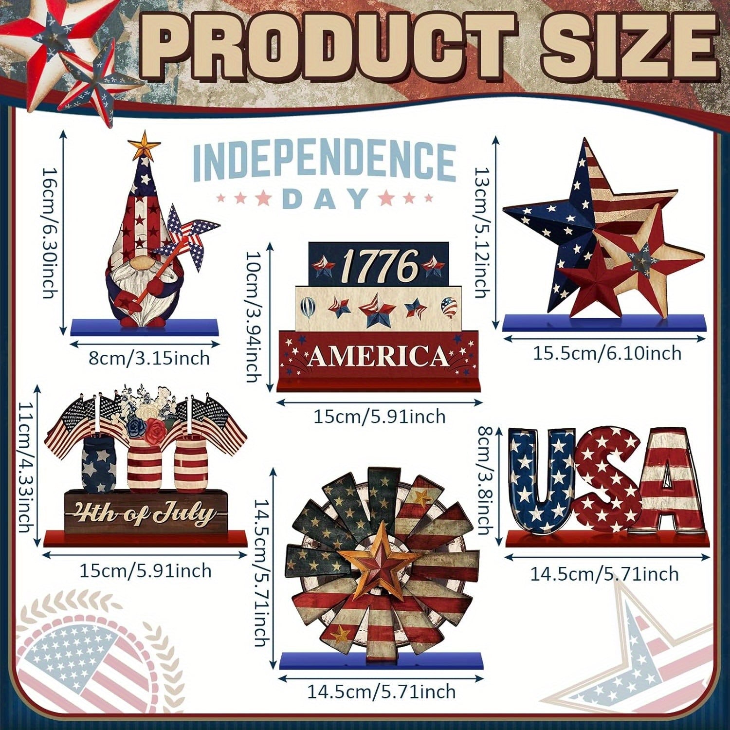 Anniversary and 4th of July Wooden Desktop Decor- Patriotic Country Style Centerpiece, Including Star, Stripe Patterns& Uncle Sam& 1776 Designs, Natural Wood Tiered Tray for Home Office Kitchen Shelf Decoration, Star-Shaped A