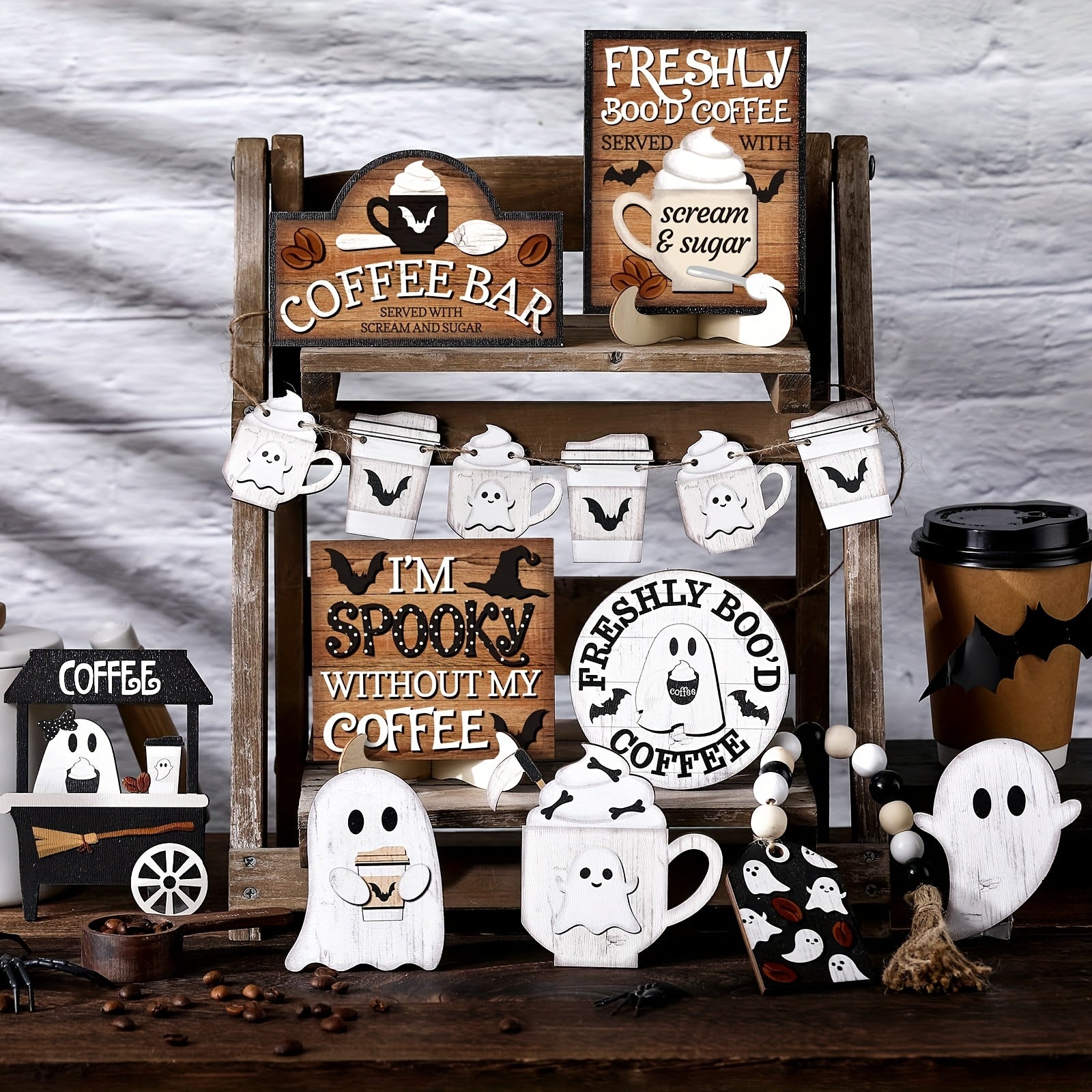 Halloween Tiered Tray Decor Coffee Ghost Decorations Wooden Signs And Bead Garland Farmhouse Rustic For Home Table Party Supplies, Black, White