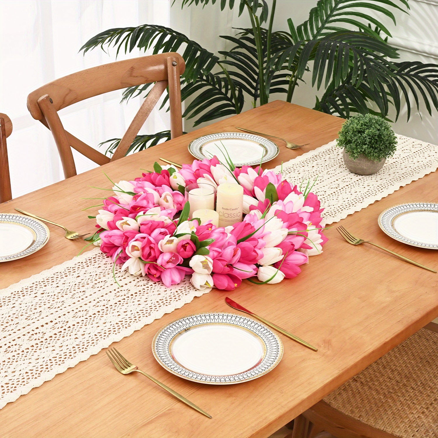 Elegant Pink & White Tulip Wreath - Lush Artificial Flower Garland for Home, Wedding & Outdoor Celebrations Decor, No Battery Required, Festive Home Decor|Sophisticated Design|Lush Tulip Wreath, Flower Garland Decoration