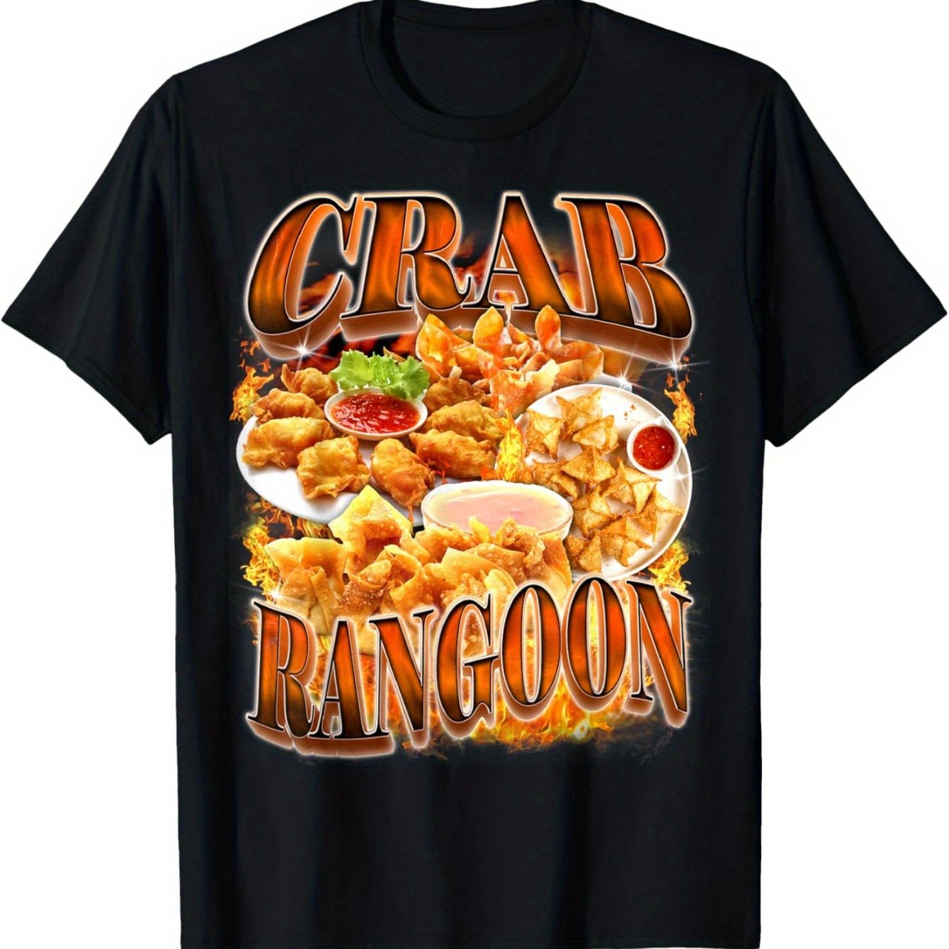 1pc Crab Rangoon Meme Graphic T-Shirt - 100% Cotton, Crew Neck, Short Sleeve, Regular Fit, All-Season, Knit Fabric, Medium Stretch, Geometric Pattern, Digital Direct Injection, 180g/m², Casual & Daily Wear for Adults