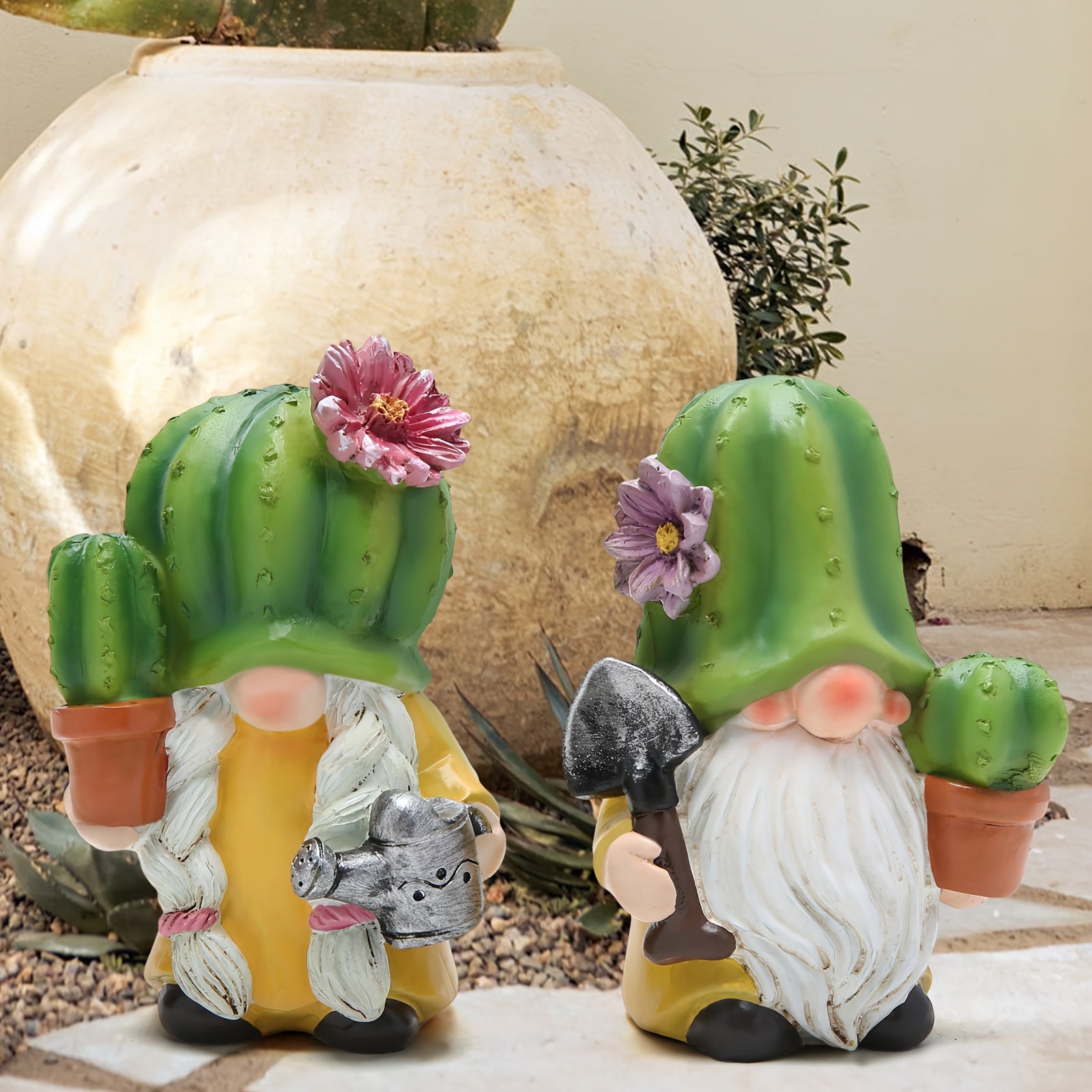 Resin Cactus Garden Gnomes Figurines - Spring Summer Green Plant Elf Decor, Tiered Tray Cacti Flower Gnome, Southwest Style Desert Outdoor Statues for Indoor and Outdoor Use