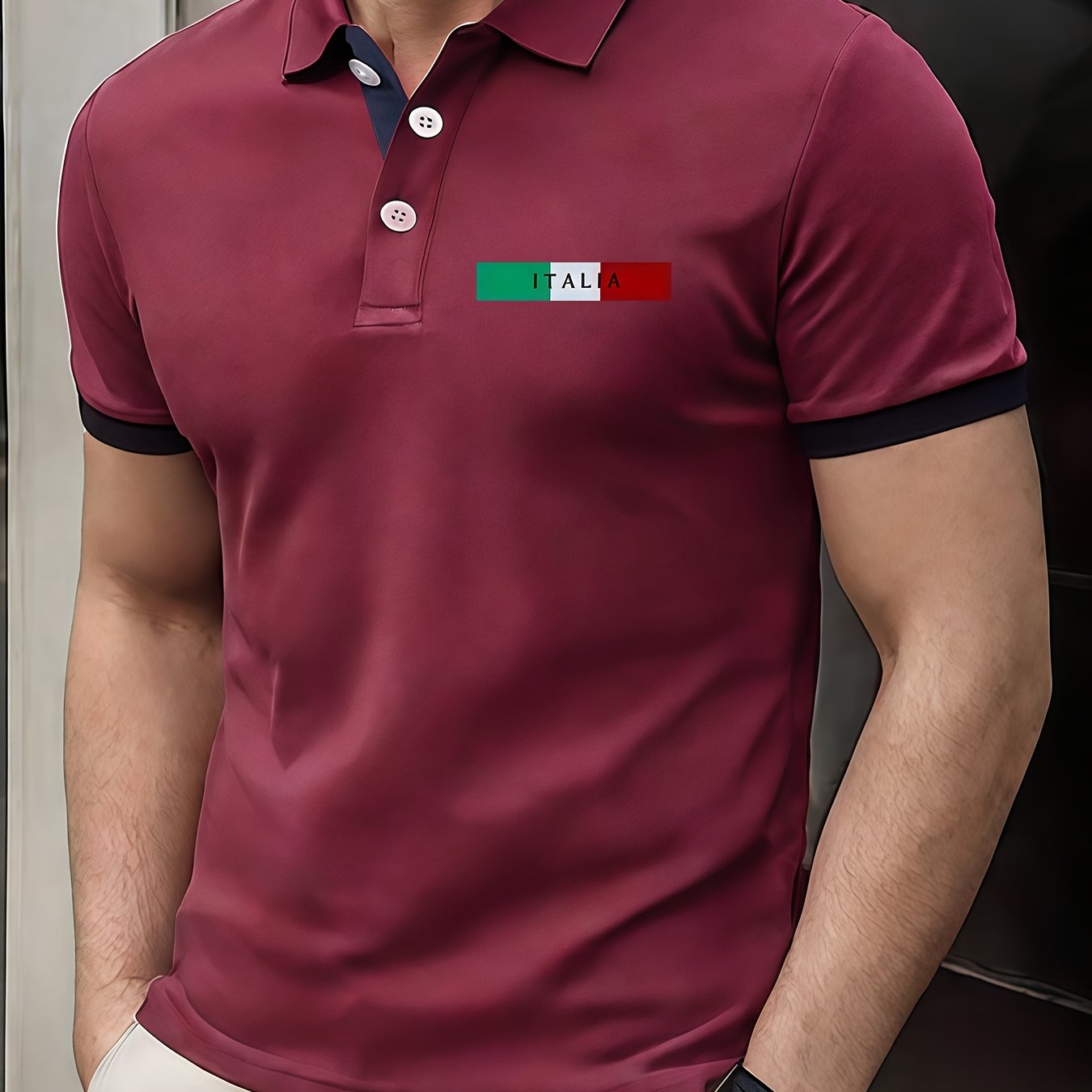 ITALIA Pattern Print, Short Sleeve Golf Shirt Suitable for Business and Leisure Occasions, Men's Clothing, Slim Fit Short Sleeve Golf Shirt as a Gift