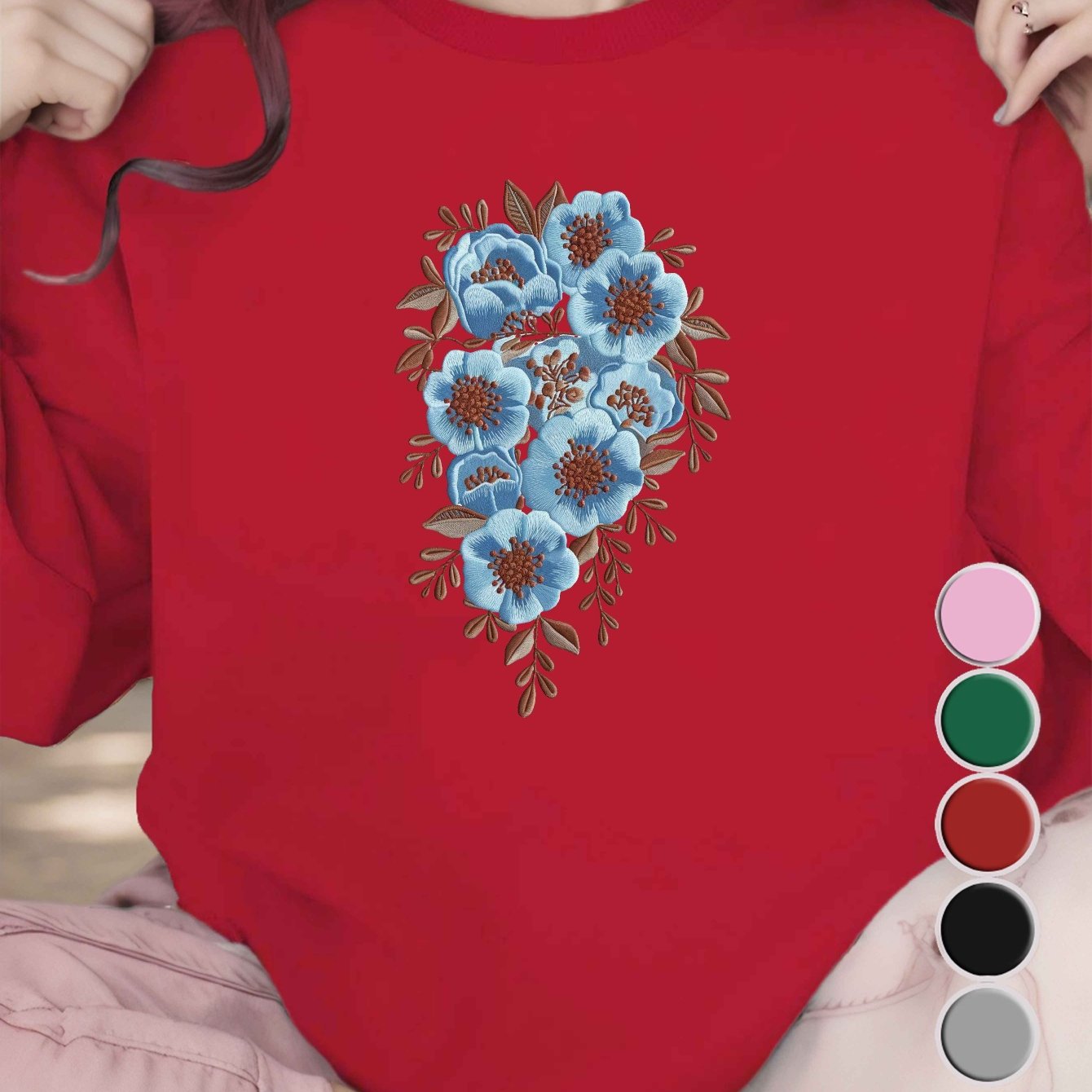 1pc Women'S Casual Floral Embroidery Crew Neck Sweatshirt - Polyester Knit Fabric, Geometric Pattern, Regular Length, Fall/Winter Collection
