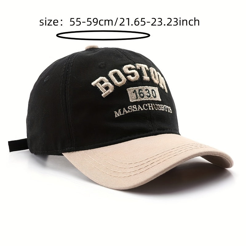 Boston 1630 Embroidered Baseball Cap, Unisex Polyester Adjustable Street Retro Hat, Lightweight Sun Visor Cap for Outdoor Travel, Hand Washable, Stripe Craftsmanship, Occasion Theme
