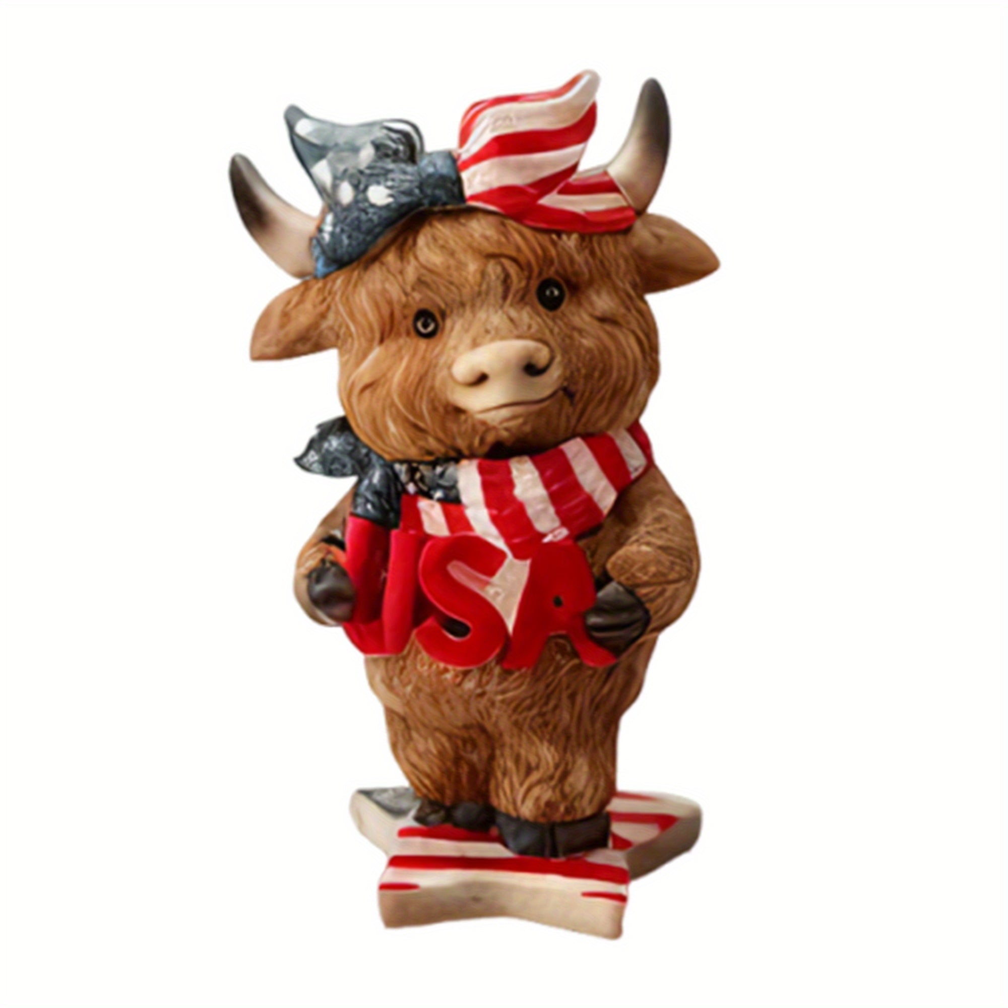 Mother'S Day Independence Day Birthday Gift New Casual, Elegant And Fashionable Patriotic Highland Cow Statue Cute Resin Animal Statue Independence Day Indoor And Outdoor Garden Decoration