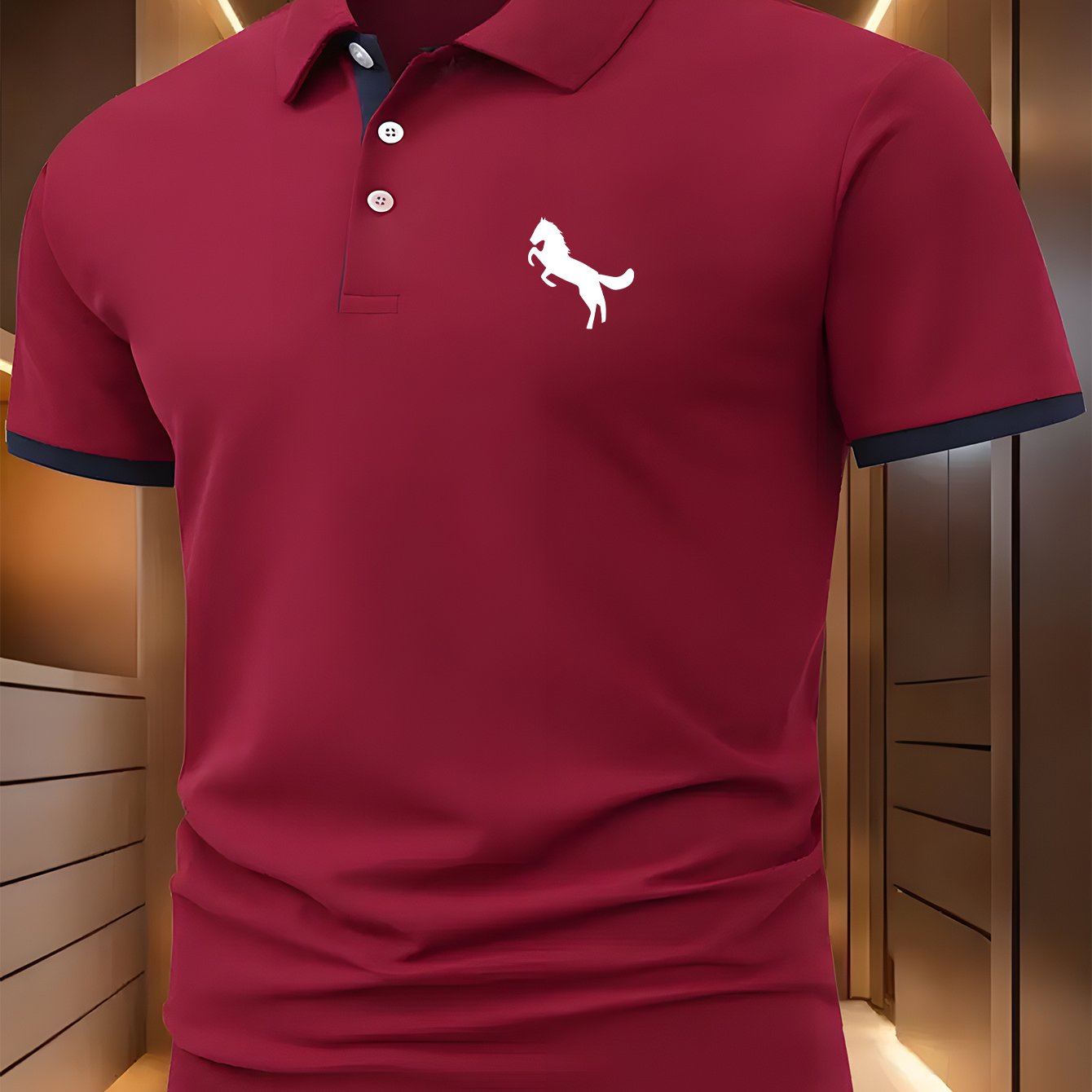 Horse Symbol Men'S New Polo Shirt with Front Pattern, Summer Polo Shirt, Casual Outdoor Short Sleeved Top, Button Neck, Slight Elasticity, Regular Fit, Suitable for Sports, Fishing, Fitness, Daily Wear