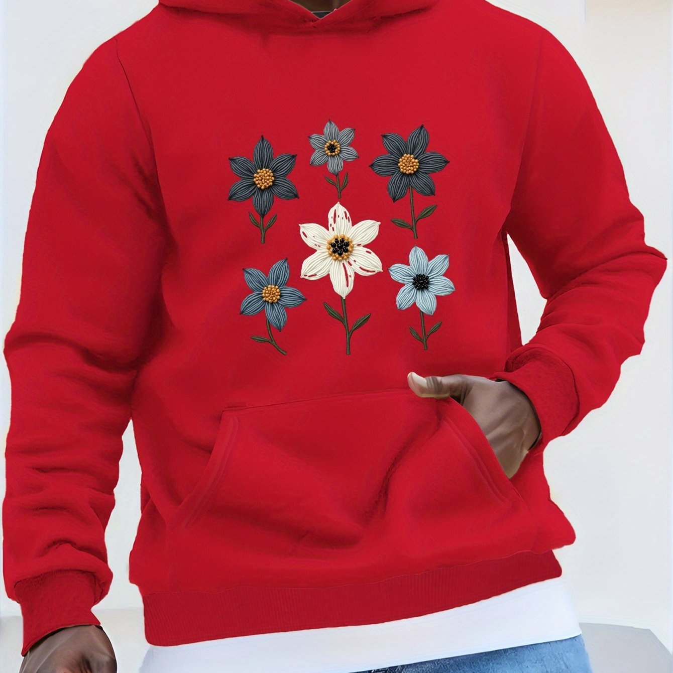 Men's Casual Hoodie with Embroidered Floral Design, Beaded Accents & Geometric Pattern - Black with Blue & Orange Flowers, Front Pockets, Machine Washable, Autumn/Winter Wear, Essential Hoodie