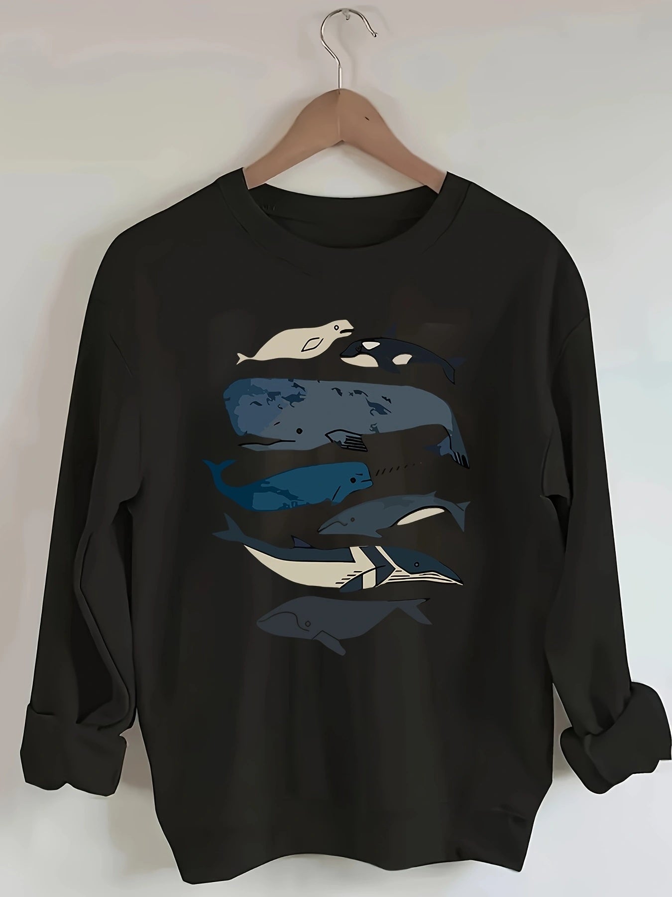 Women's Casual Whale Print Crew Neck Sweatshirt - Black with Blue & White Whale Design, Long Sleeve, Machine Washable, All-Season Comfort