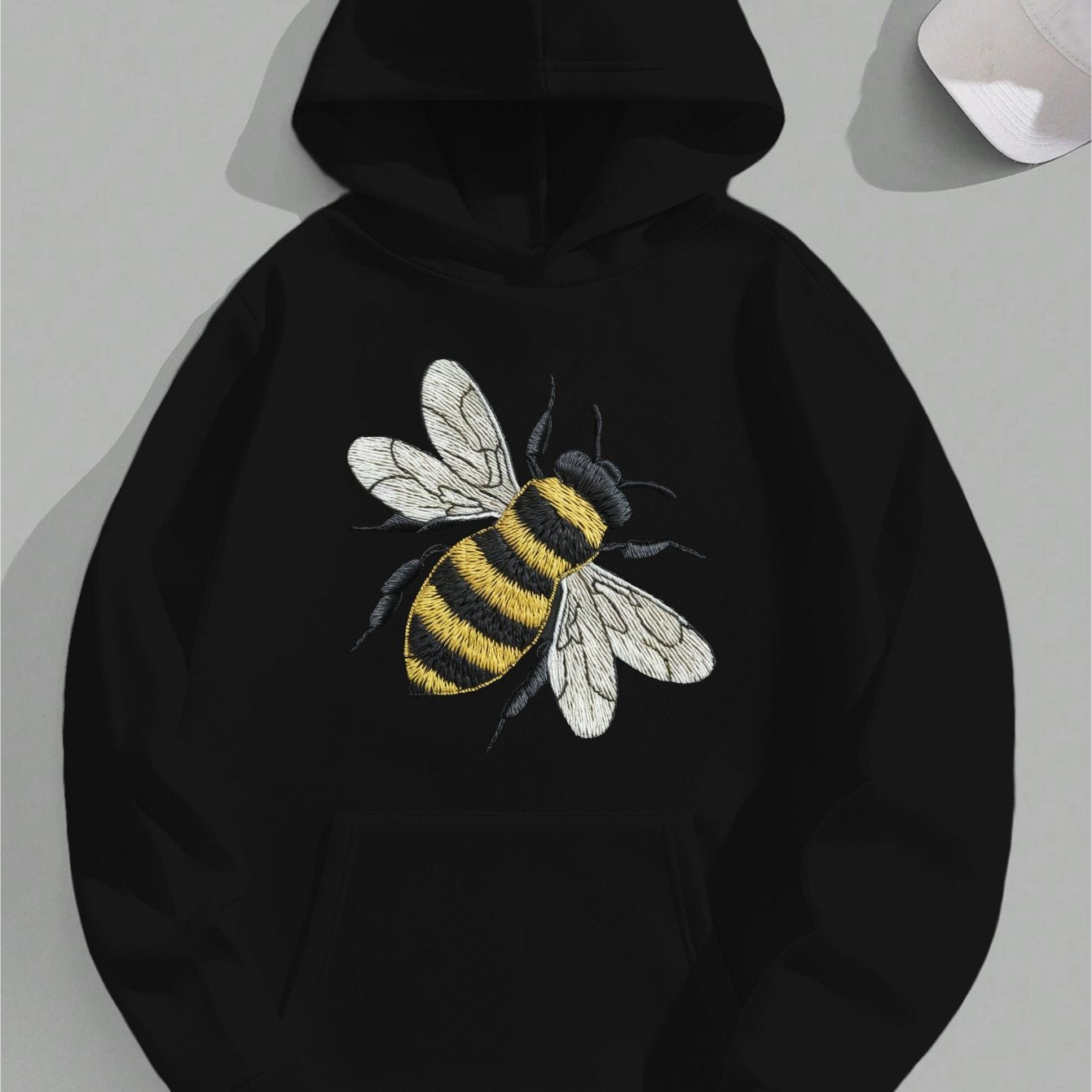 Women's Black Hoodie with Embroidered Bee Design - Cozy Long Sleeve Knit Sweatshirt, Polyester Blend, Front Pocket, Fall/Winter Casual Wear, Fall Casual Clothing | Hooded Sweatshirt | Knit Texture Hoodie, Sweater Hoodie