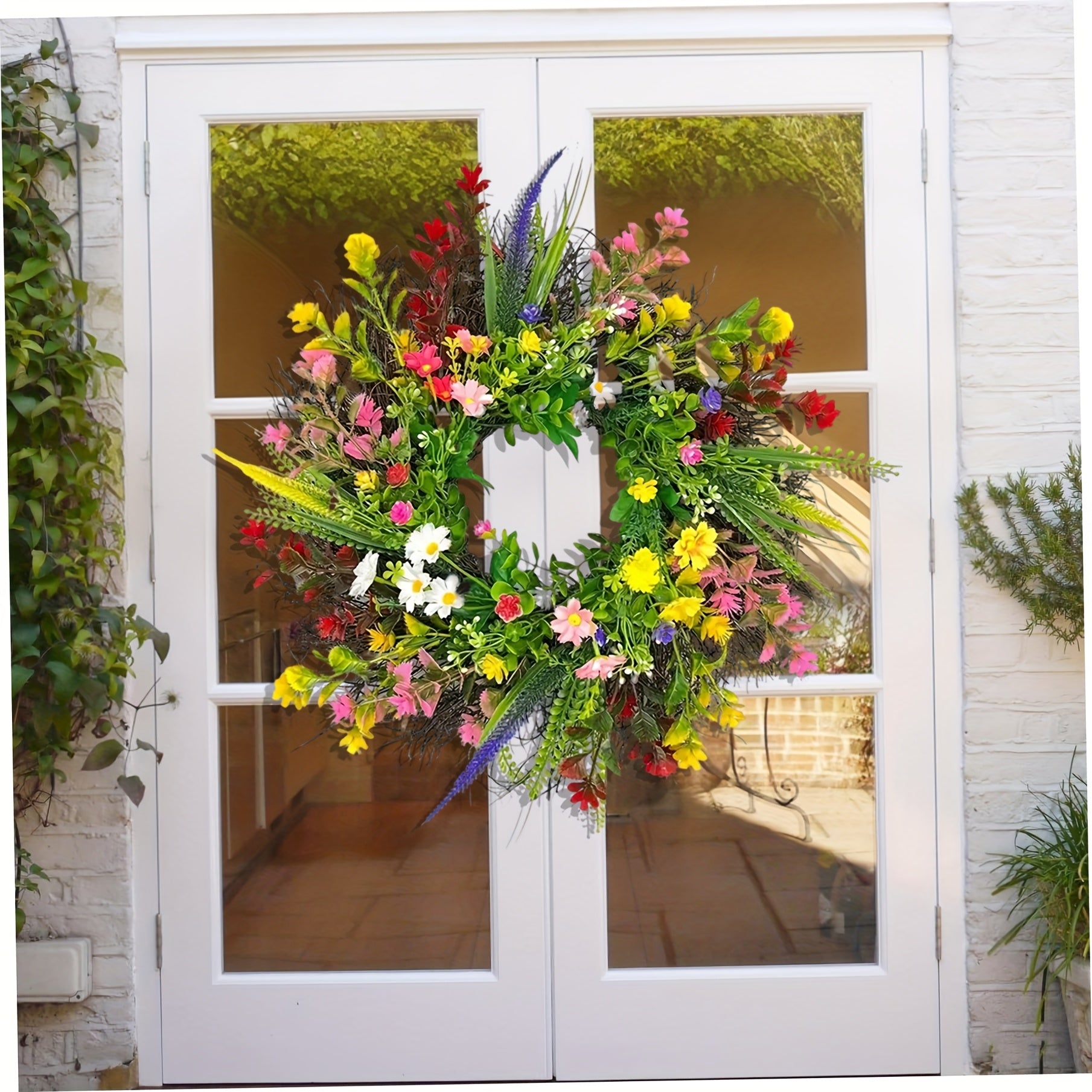 24 Inch Spring Wildflower Wreath, Texas Wildflower Wreath, Spring And Summer Wildflower Silk Wreath for Farmhouse Interior Front Door Wall Wedding Home Decor, Perfect for Thanksgiving Decorative Swags