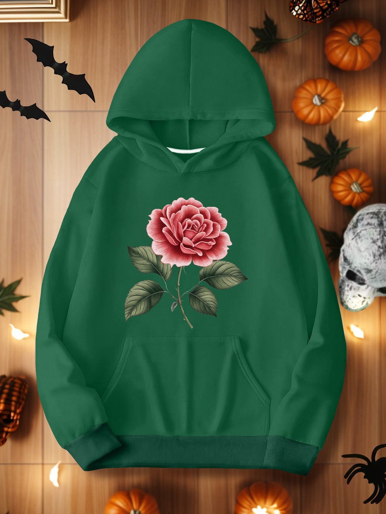 Embroidered Red Rose Illustration Women'S Plus Size Casual Hoodies