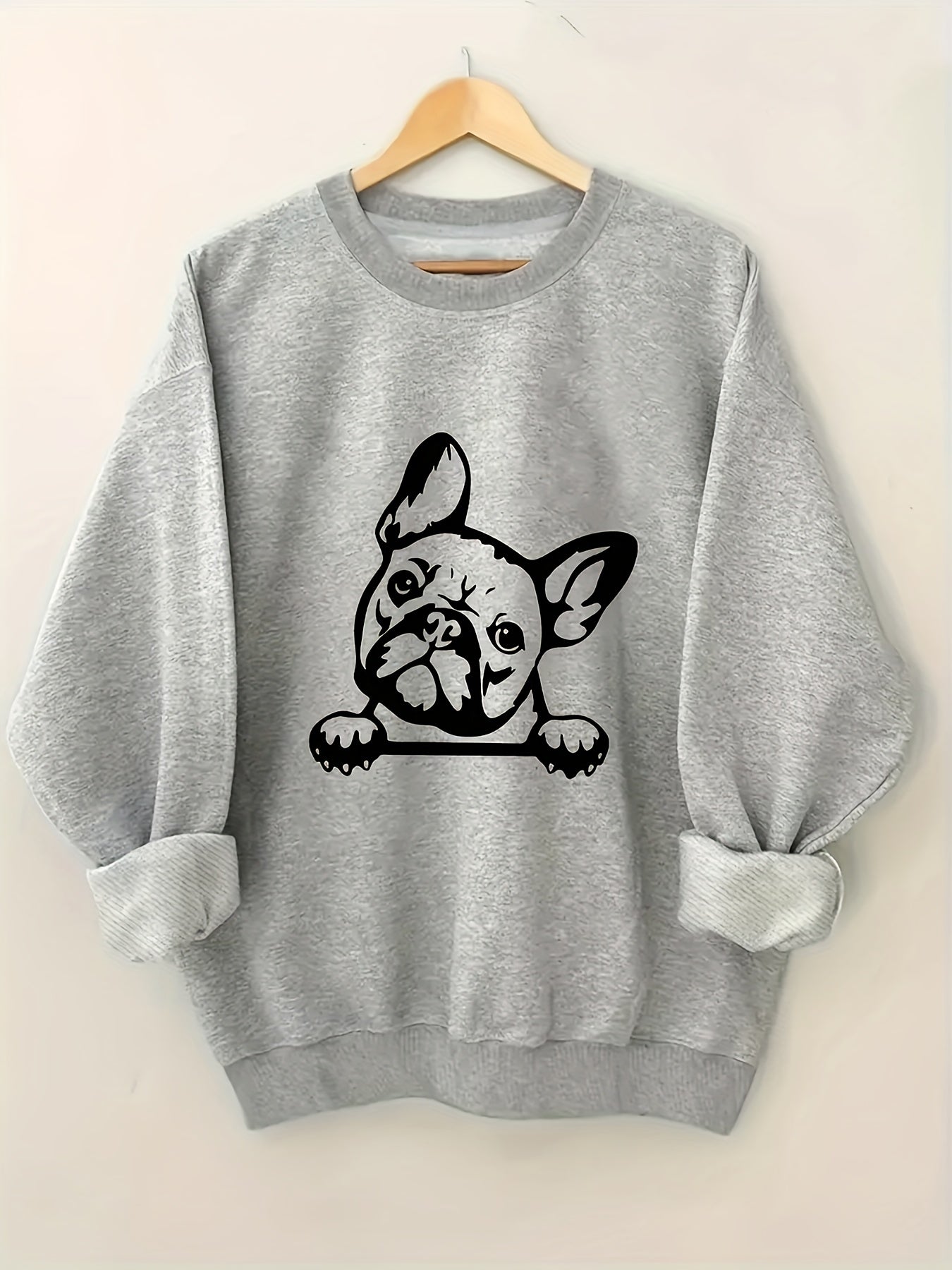 Women's French Bulldog Graphic Crew Neck Sweatshirt - Cozy Casual Long Sleeve Pullover with Relaxed Fit, Machine Washable, All-Season Comfort & Cute Animal Print Design, Everyday Apparel | Round Neckline Top, Dog Sweatshirt