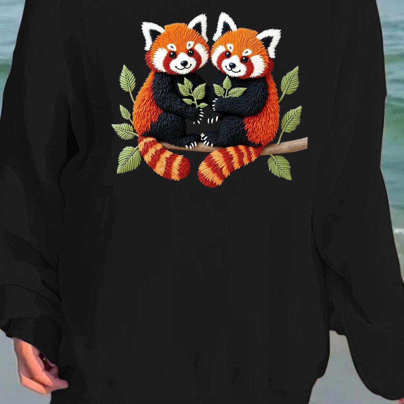 teediy Women's Embroidered Red Pandas on Branch Sweatshirt - Black Casual Long Sleeve Round Neck Pullover, Machine Washable Regular Fit Autumn Winter Cozy Top, Panda Clothes, Winter Clothing, Autumn Apparel, Playful Design, D