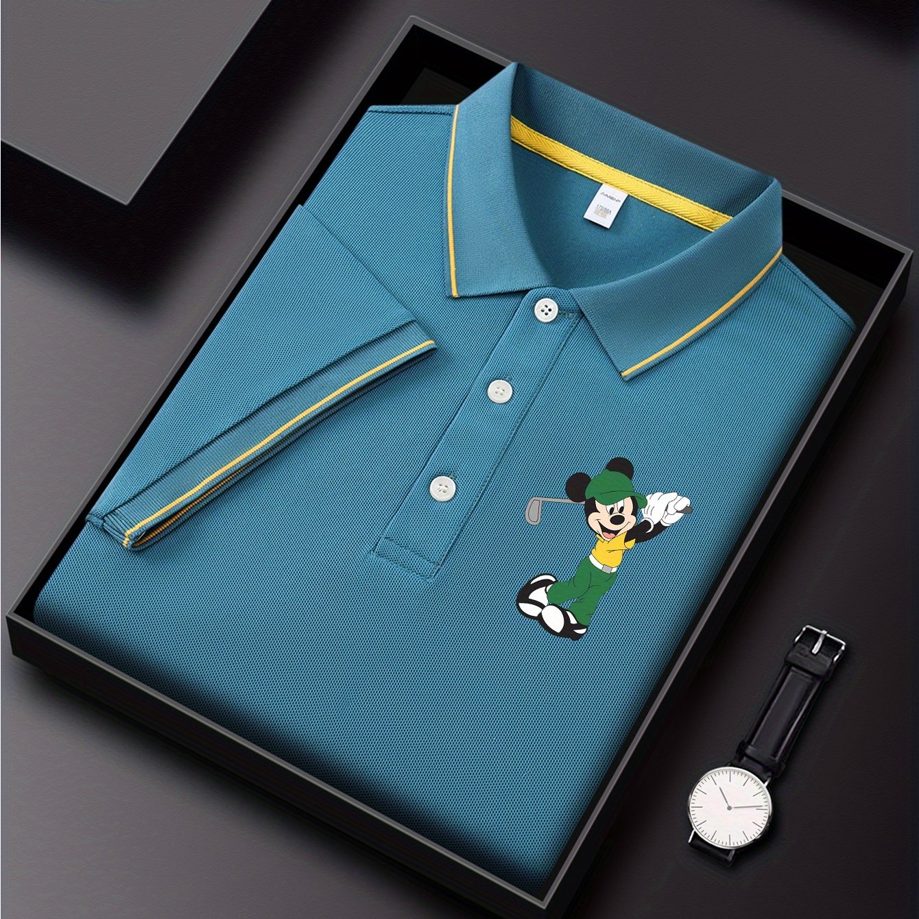 Disney Mickey Golf Sports Style Printed Short Sleeve Polo Shirt, Premium Business Casual, Lightweight Polyester, Quick Drying and Breathable Golf Shirt, Polo Shirt, Suitable for Outdoor Golf and Tennis, Perfect Gift Choice fo