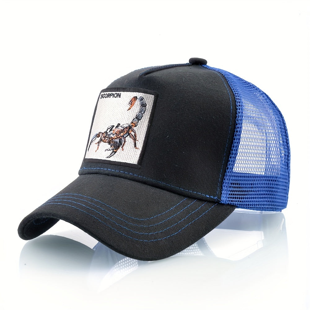 Unisex Embroidered Scorpion Baseball Cap - Breathable Mesh Trucker Hat for Outdoor Sports & Hip-Hop Style, Summer Casual Wear, Black & Beige Design with Bold