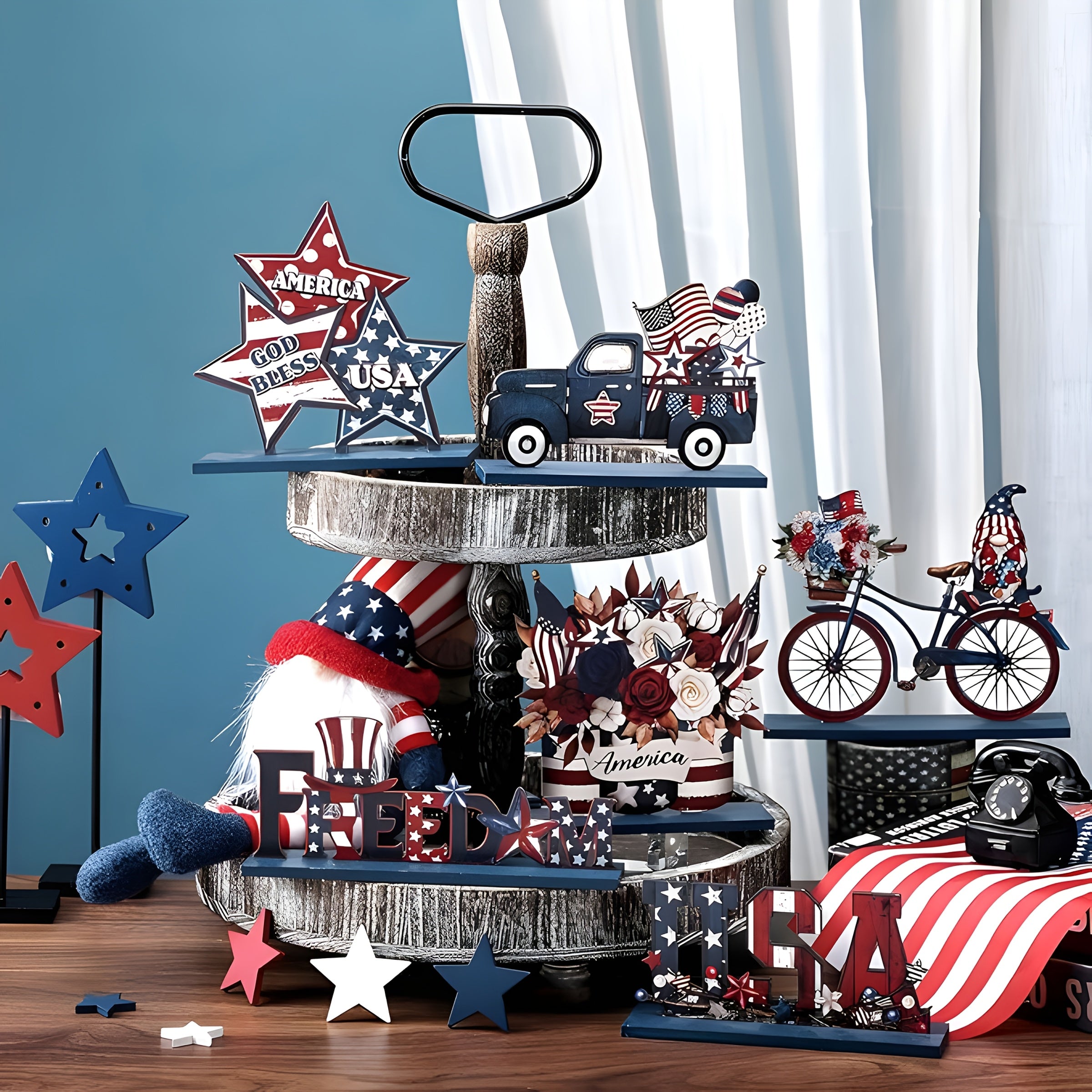 2D Flat Collectible Vehicles 6pcs Patriotic Wooden Tabletop Decorations, American Flag-Themed 2D Flat Wood Crafts, Non-Electric, Battery-Free, for Home, Kitchen, Bookshelf, Dining Table Display, Farmhouse Decor, 2D Flat