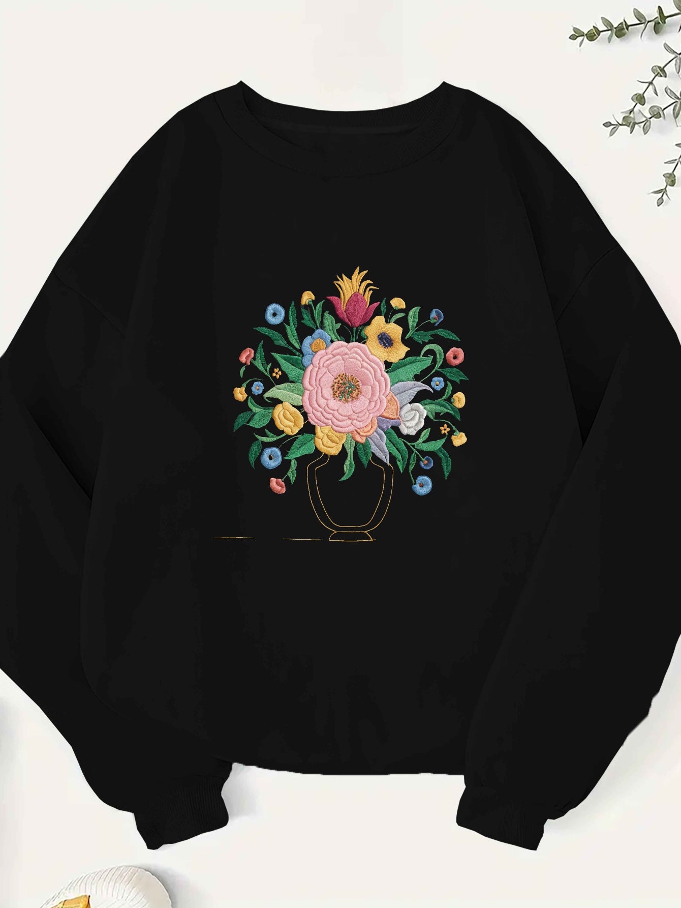 Embroidered Floral Pattern Illustration 250G Women'S Plus Size Sweatshirt