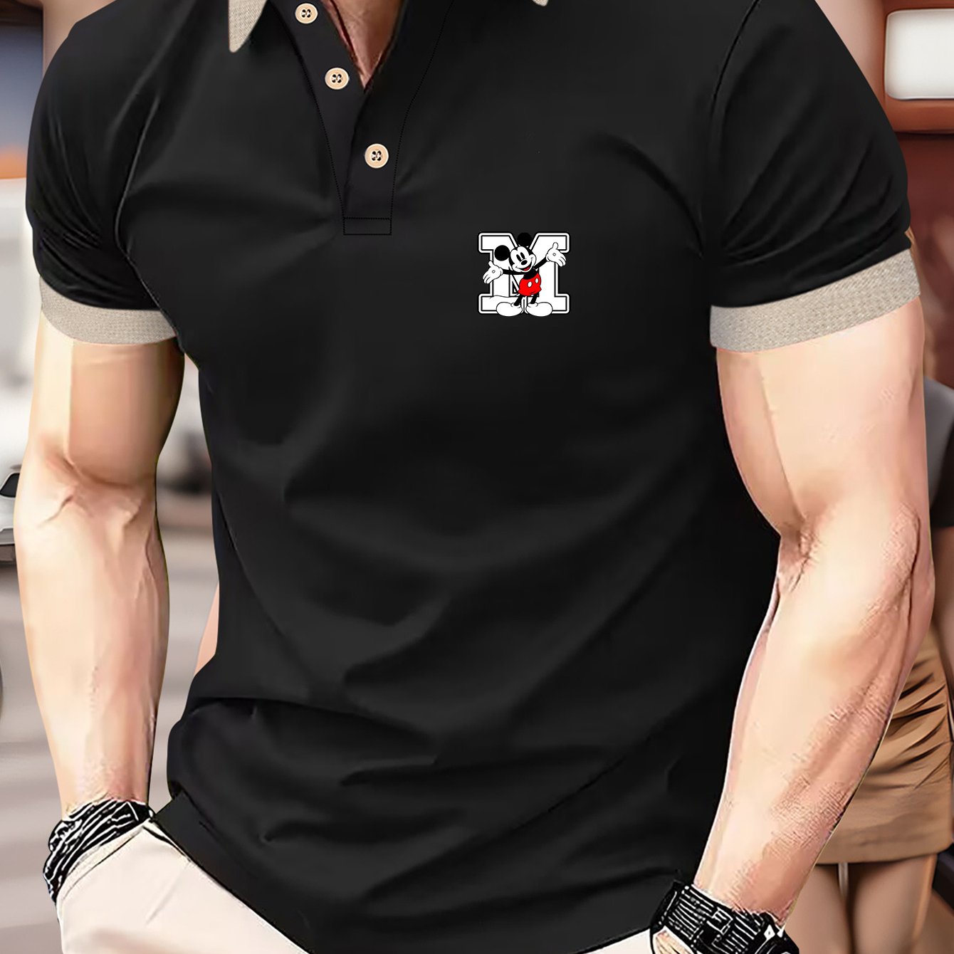 Disney Genuine Men's Series Classic Mickey Mouse M letters printed on the left chest small design summer business fashion Lightweight polyester breathable and quick drying Men's shirts suitable for outdoor sports golf wear