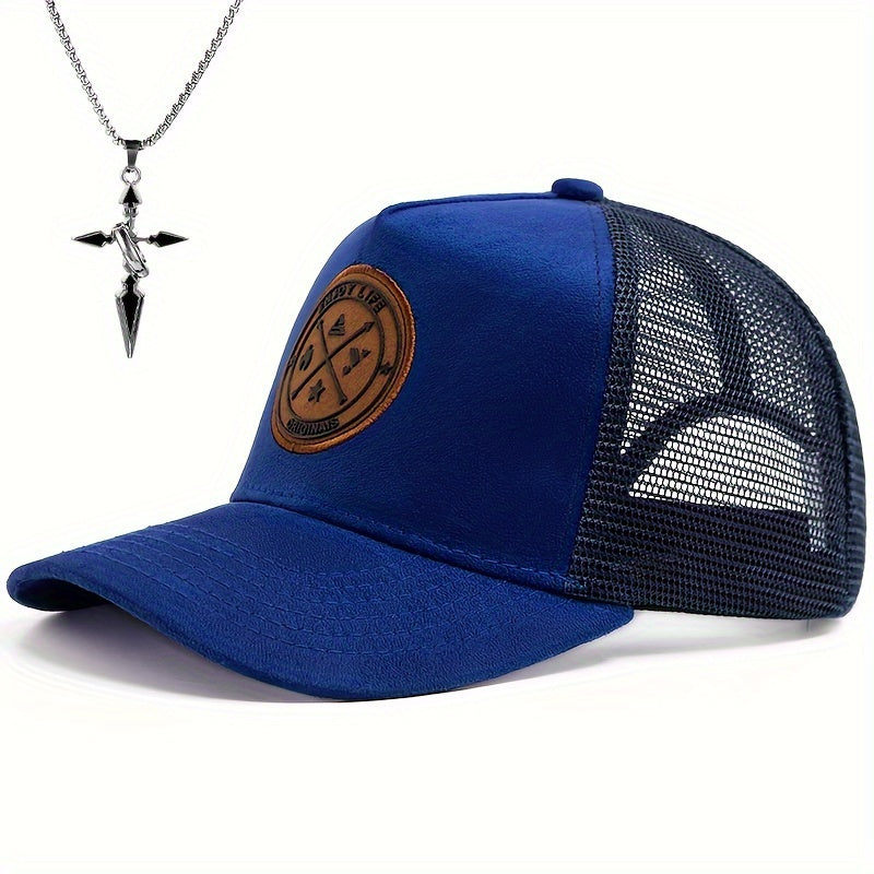 2pcs Men's Street Style Baseball Cap and Cross Necklace Set - Trendy Suede Snapback with Mesh Back, Black & White Design, Fashion Accessory