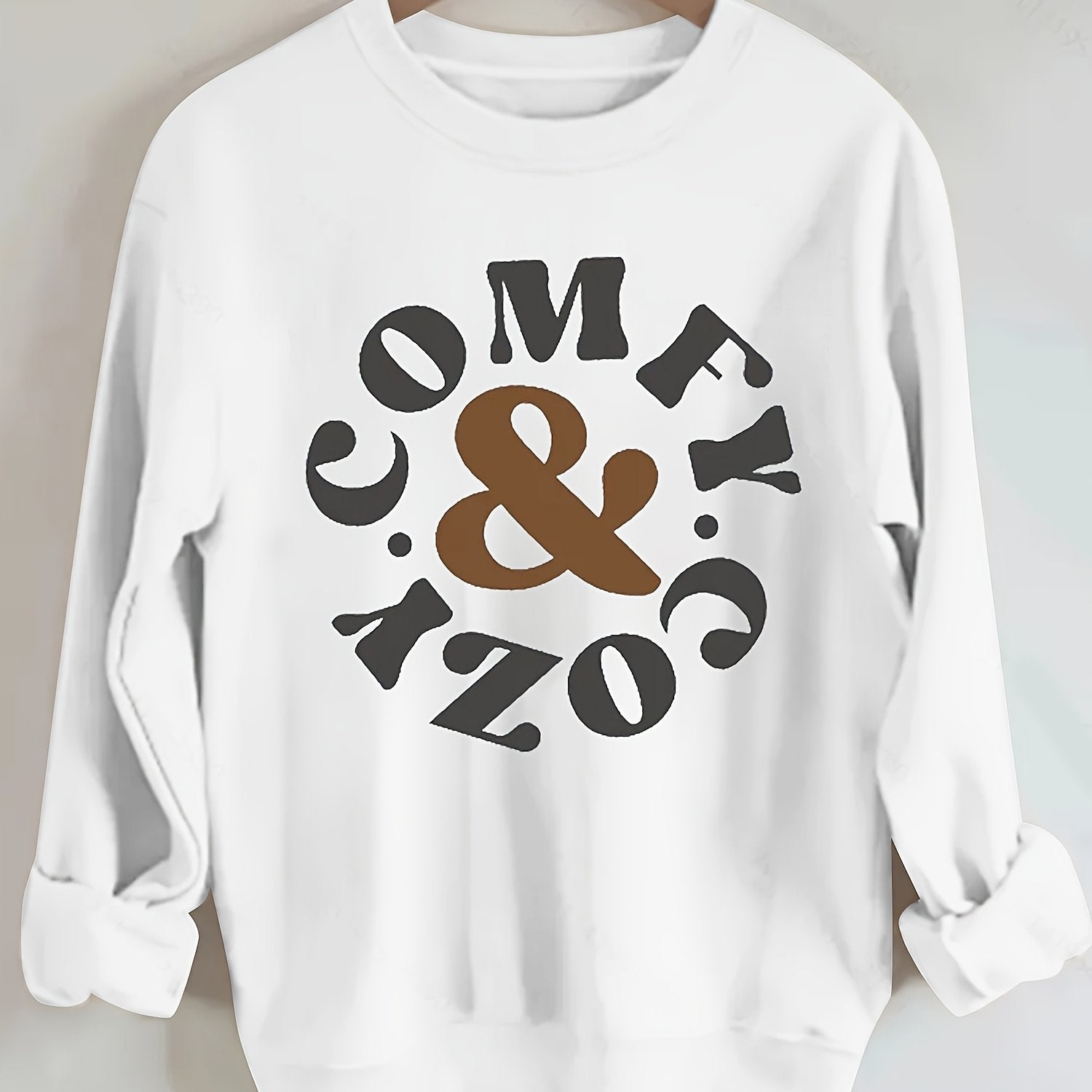 Cozy & Chic Women's Letter Print Pullover Sweatshirt - Soft Blend, Crew Neck, Long Sleeve, Casual Fit, Machine Washable, White with