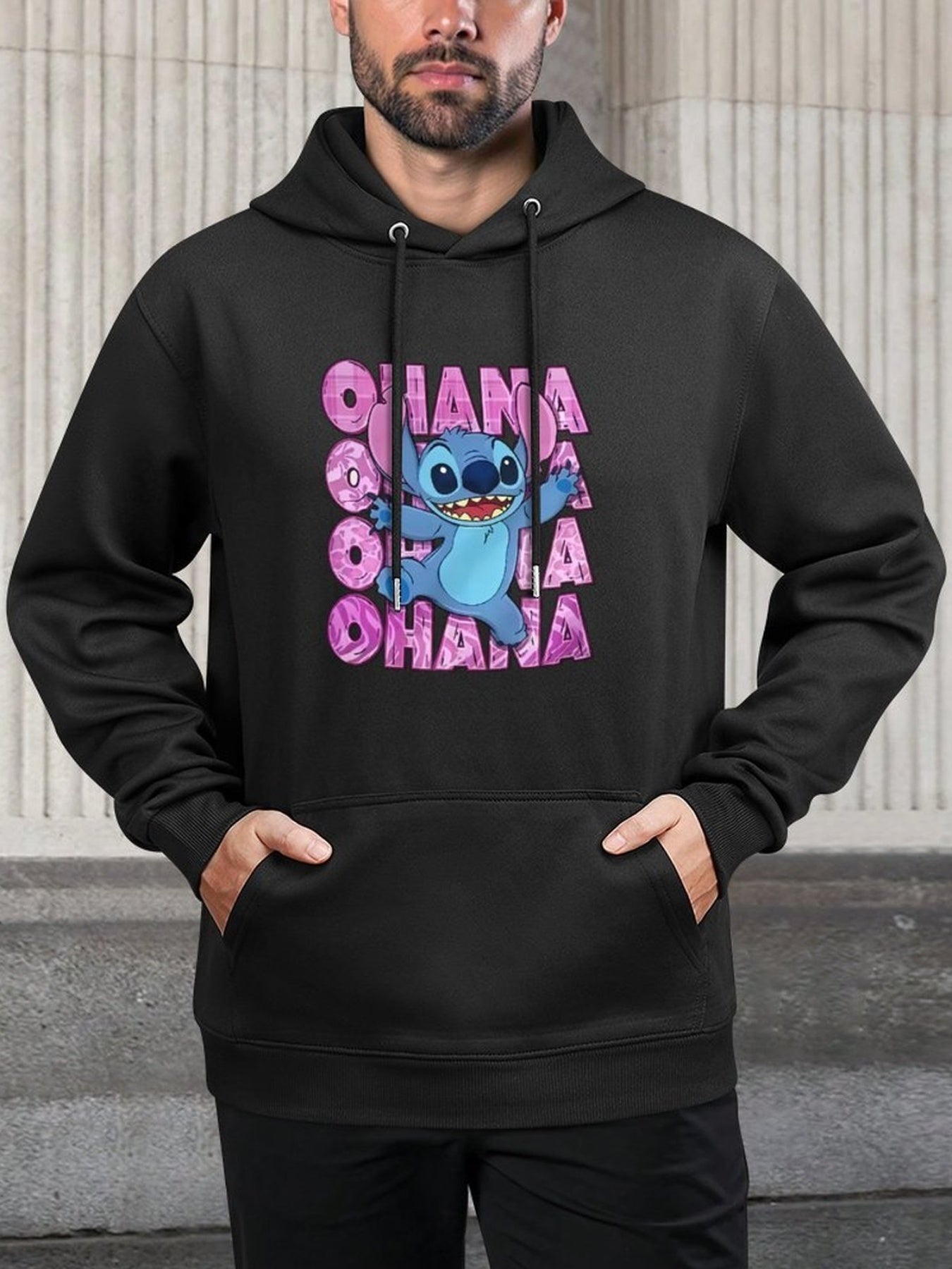 Disney Men'S Black Retro Pullover Hoodie with Stitch Ohana Disney Friends Digital Print, Soft Regular Fit Casual Sweatshirt, Machine Washable, Disney Sweatshirt