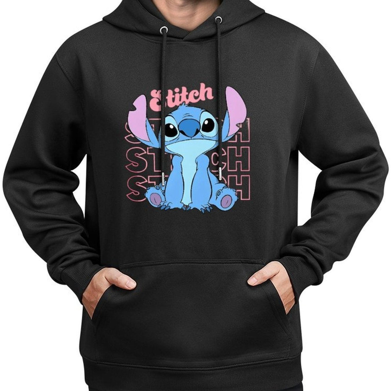 Disney Men'S Black Retro Pullover Hoodie with Stitch Cartoon Character Disney Friends Digital Print, Soft Regular Fit Casual Sweatshirt, Machine Washable, Disney Sweatshirt