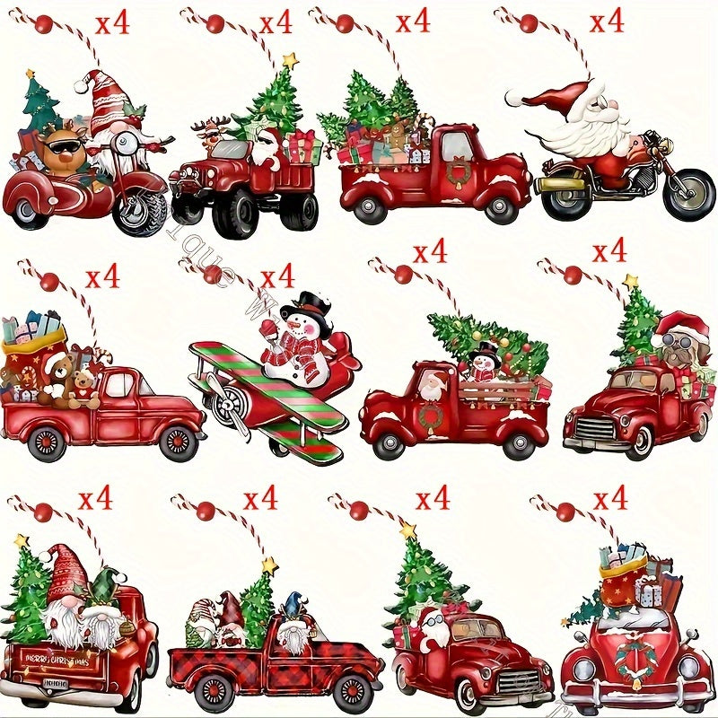 48pcs With Rope Christmas Truck Wood Ornaments - Red Truck Wooden Hanging Decor Gnomes Santa Claus Ornaments For Xmas Tree Decoration Holiday Parties Craft Supplies Living Room, Bedroom, Office, Window, Mantel, Tabletop Decor