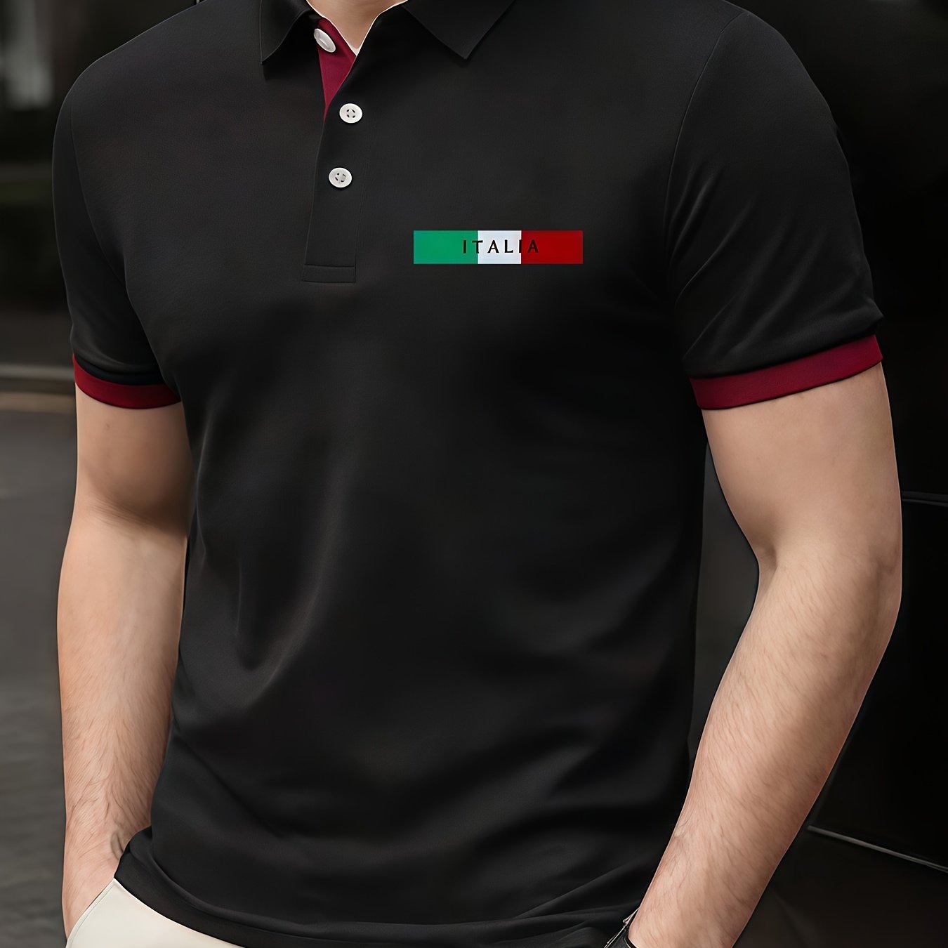 ITALIA Pattern Print, Short Sleeve Golf Shirt Suitable for Business and Leisure Occasions, Men's Clothing, Slim Fit Short Sleeve Golf Shirt as a Gift