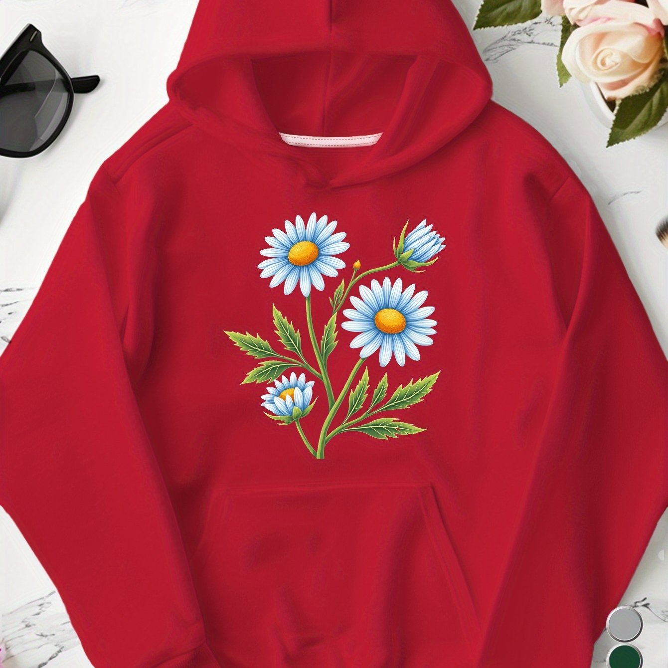 Blue Daisies Botanical Embroidered Women'S Plus Size Hoodies