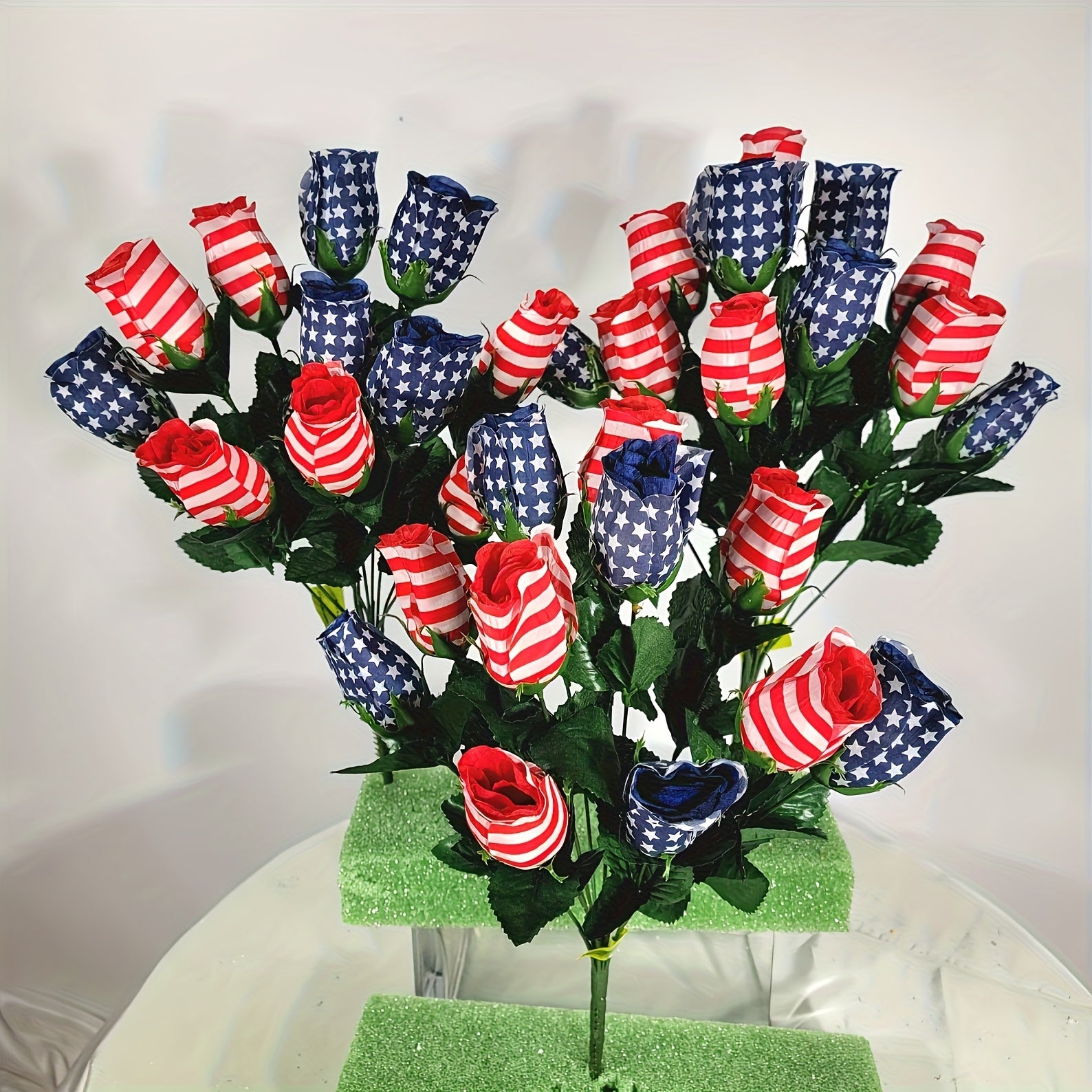 11 Patriotic American Flag Roses Bouquet - Plastic Silk-Like Red White & Blue Stripes with Green Foliage, Memorial Day Veterans Day Home Decor, Cemetery Wreath, No Vase Needed