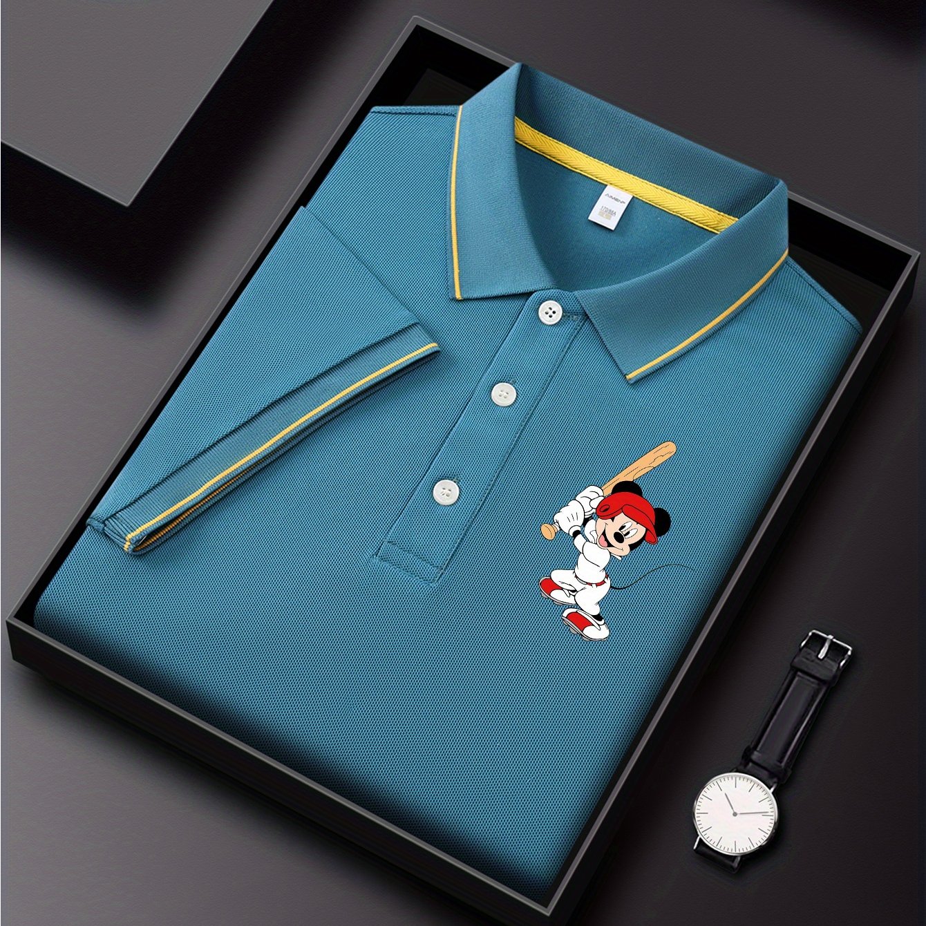 Disney Men'S Classic POLO Shirt, Mickey Batting Baseball Print, Premium Casual Business Casual, Short Sleeve Collar Polo Shirt, Lightweight Polyester, Quick Drying and Breathable Comes in a Display Gift Box Great for Husbands