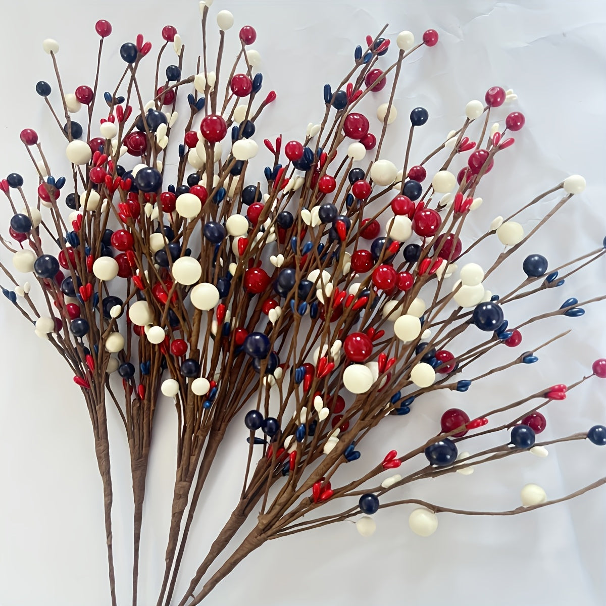 2D Flat, 5 Red, White, and Blue Artificial Berry Branches - Independence Day, Memorial Day, Parties, Tabletops, and Home Decor, Patriotic Style Plastic Fake Branches