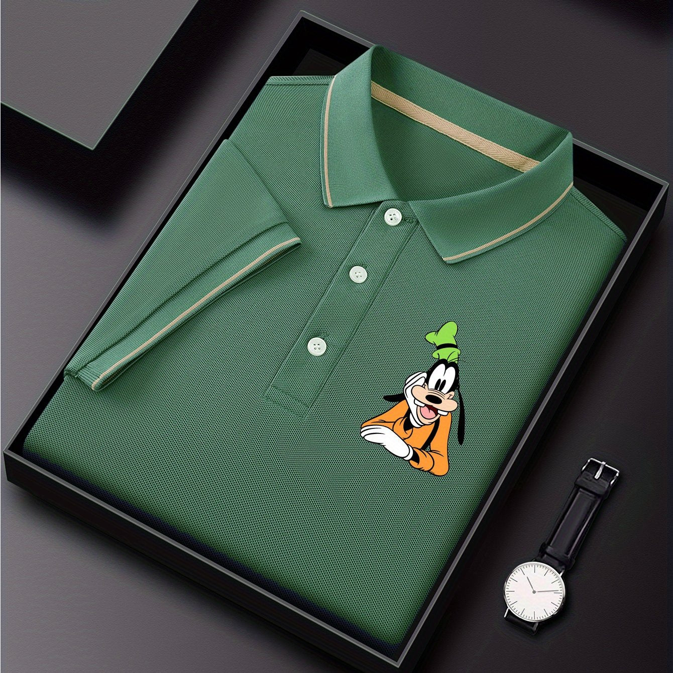 Disney Men's Classic Shirt with Goofy Dog Print - Lightweight Quick-Dry Breathable Polyester, Short Sleeve Collar, Business Casual Style, Summer Comfort, Display Gift Box - Perfect Father's Day Gift for Husband, Casual Comfor