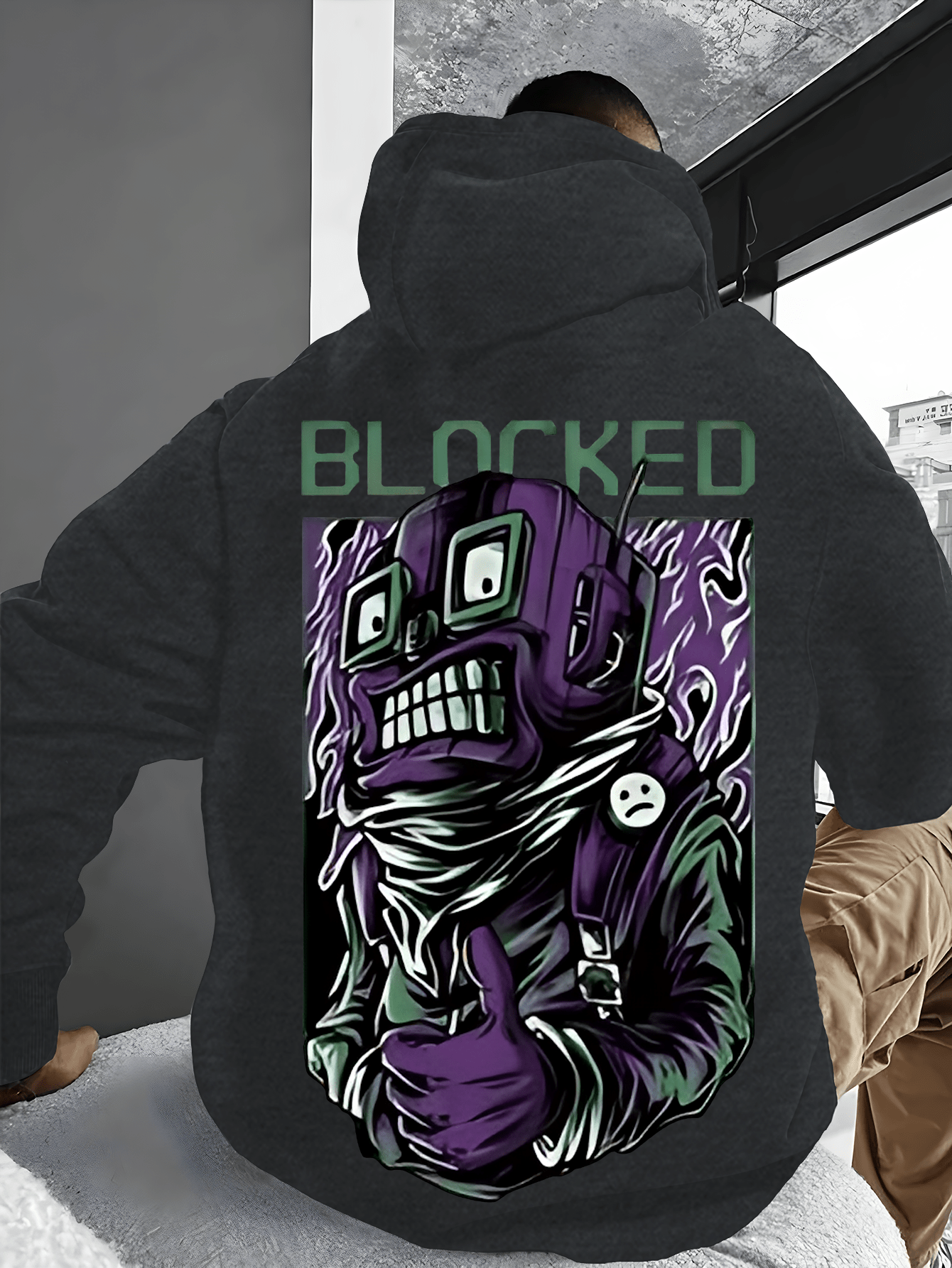 Handsome Men'S Hoodie with Printed English Letters And Cartoon Horror Elements, Featuring Pocket Details for Easy Release And Storage of Items. The Fabric Is Soft And Comfortable, Making It The Perfect Choice