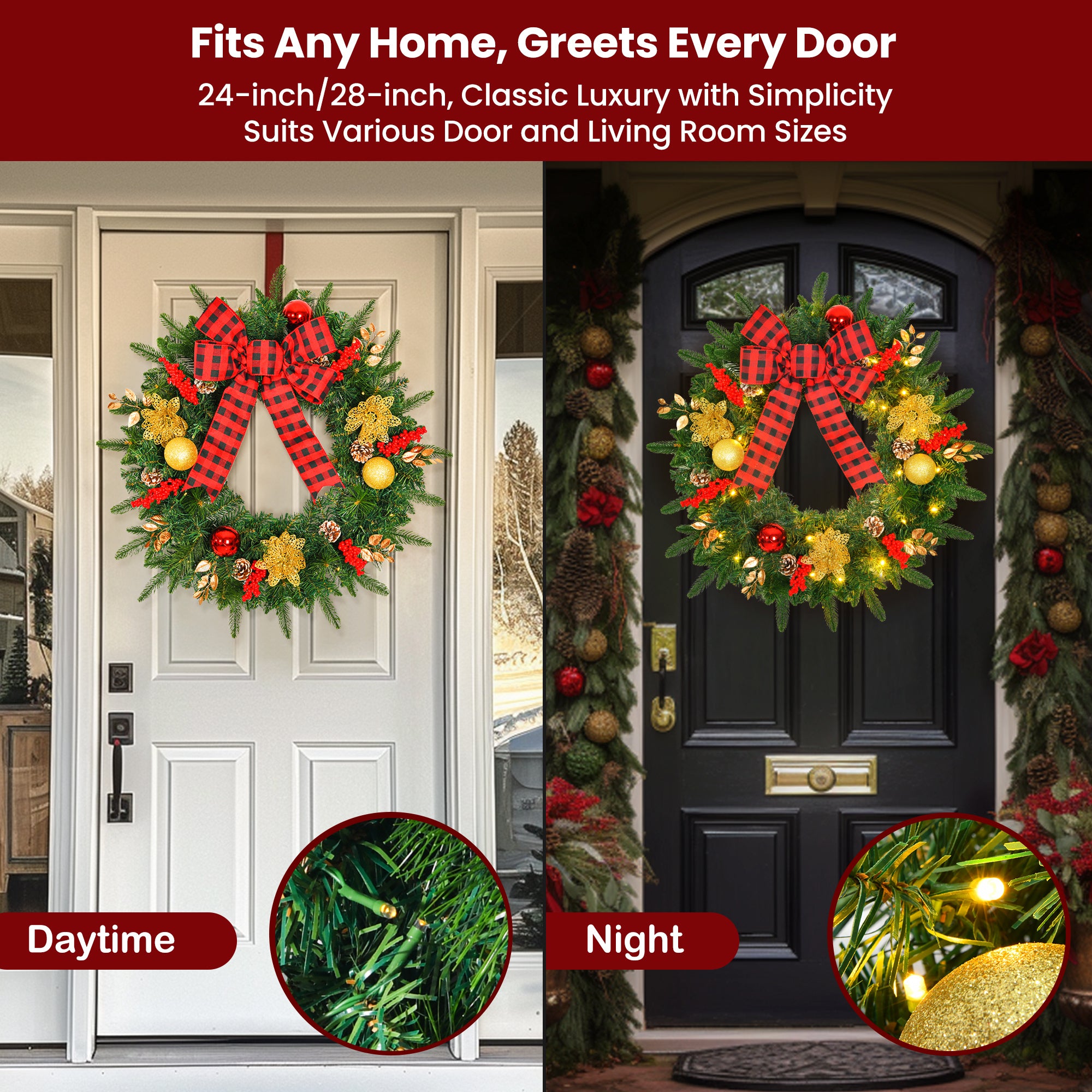 28inch 8 Modes Extra Large Pre-lit Christmas Wreath Artificial Deluxe Lighted Christmas Wreath Decorations Ornament with LED Lights Door Window Fireplace Decor Timer Function