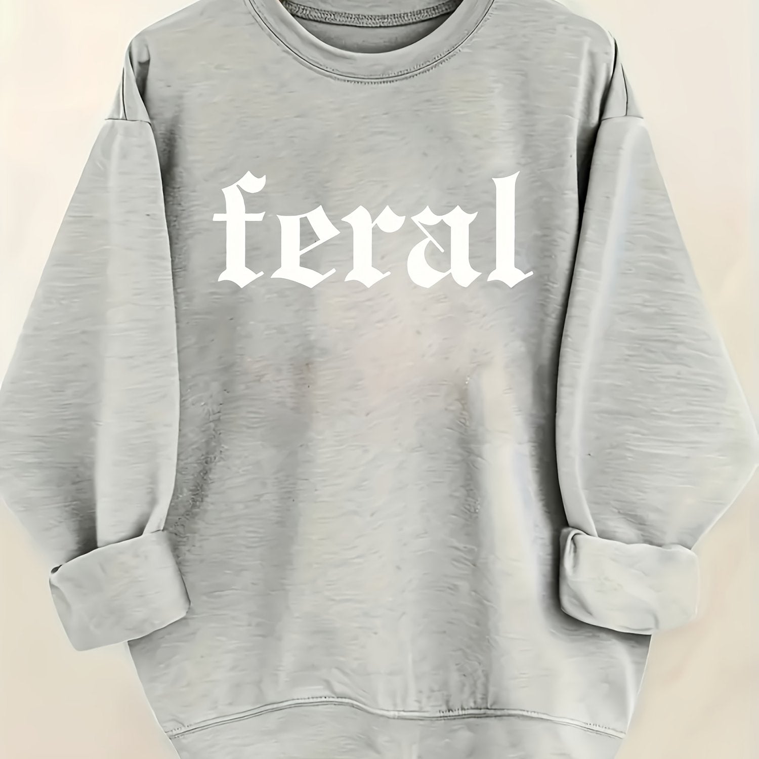 Women's Black Feral Print Pullover Sweatshirt - Soft Casual Long Sleeve Crew Neck with Bold White Lettering - Machine Washable All-Season Comfort, Cute Sweatshirts, Everyday Comfort, Modern Sweatshirt, Durable Comfort, Weeken