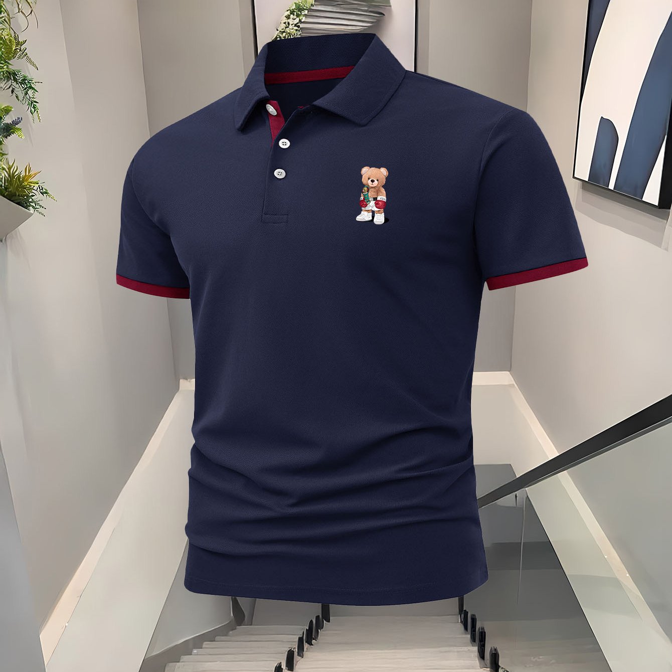 Fighting Little Bear Men'S Polo Shirt - Navy Blue with Red Collar & Cuffs, Cute Bear Graphic Print, Breathable Polyester Knit Fabric, Regular Fit Short Sleeve for Golf, Tennis, Running, Hiking, Casual Wear - Spring/Summer Ess