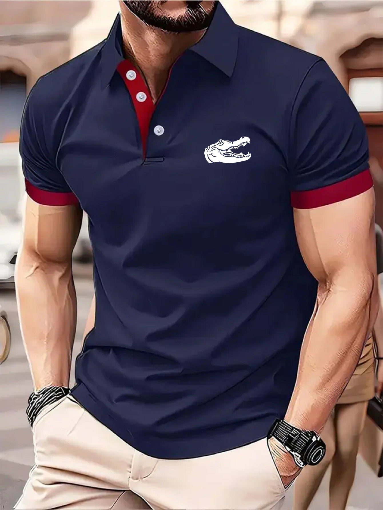 Men's Lightweight Business Casual Shirt - 100% Polyester Breathable, Trendy Geometric Print, 230gsm Micro-Elastic Fabric for Golf, Outdoor & All-Season Wear, Machine Washable, Golf T Shirt, Sports Casual Top, Sleek Formal Loo